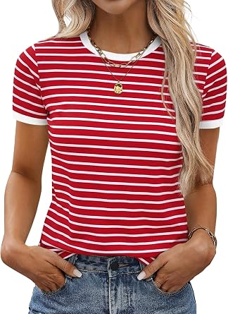 Remidoo Ringer Tee Women Short Sleeve Shirts Summer Vintage Color Block Top | Casual, Crew Neck, 80s, 90s style, Contrast Trim, Retro, Cute, Contrast Binding, Basic T Shirts, Boxy Top