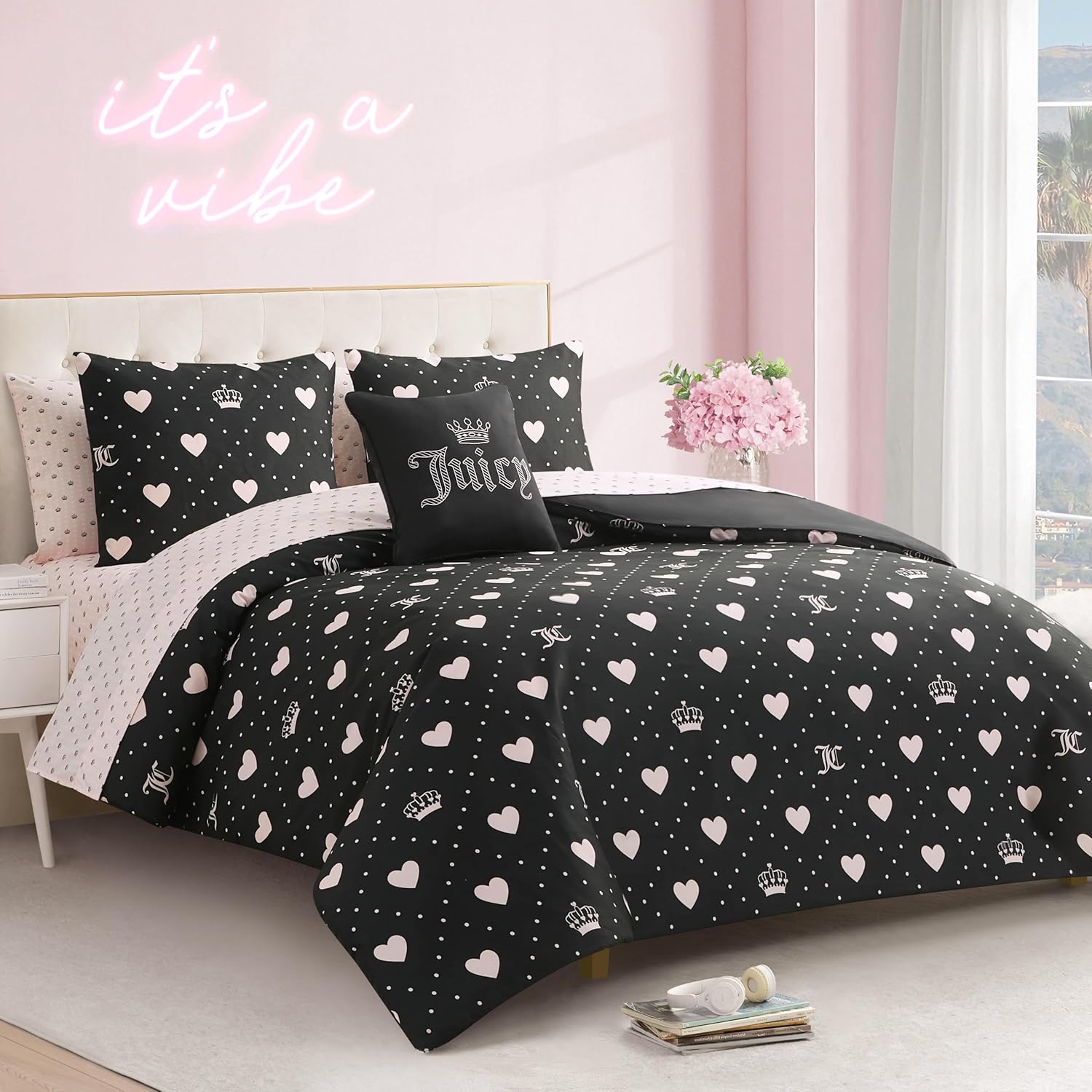 Juicy Couture Hearts Diamond Black Comforter Set 8-Piece Bed in a Bag, King Bedding Set - Image 8