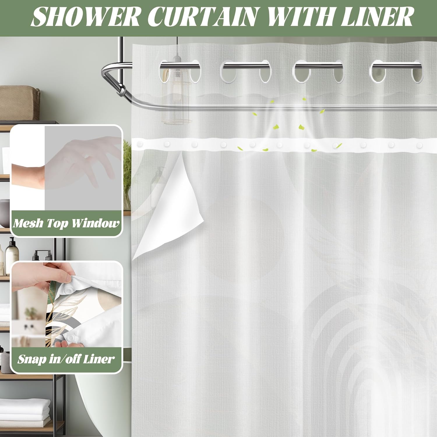 Sage Green Hookless Shower Curtain with Snap in Liner, Boho Mid Century Black and Light Green No Hook Double Layer Shower Curtains and Liner Set, Waterproof Cloth Fabric，60" W X 74" L