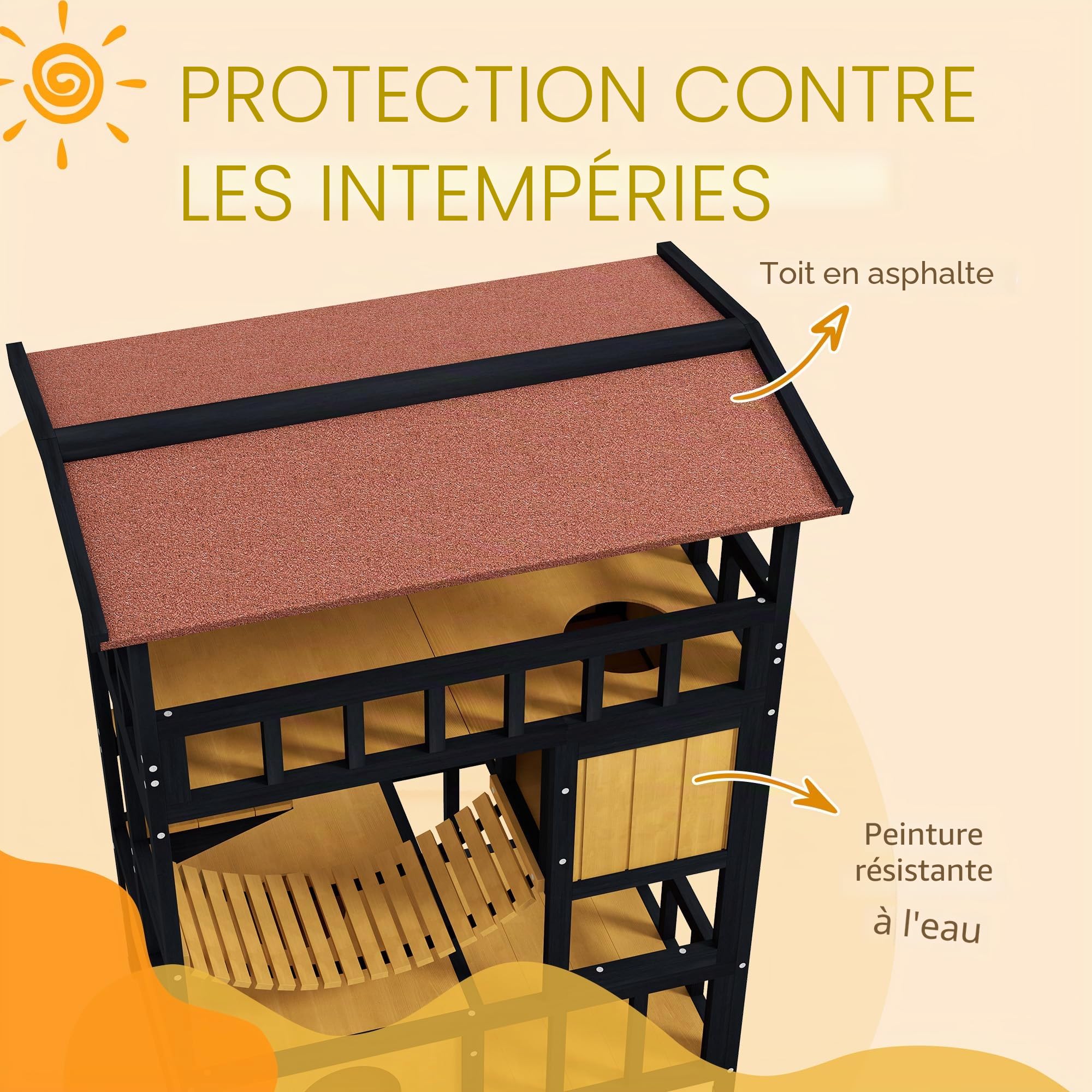PawHut Maison extérieure pour Chat 4 Niveaux avec Pont Suspendu, Balcon | Abri en bois pour chat, portes de sortie, toit résistant à l'eau, pour 1-2 chatons
