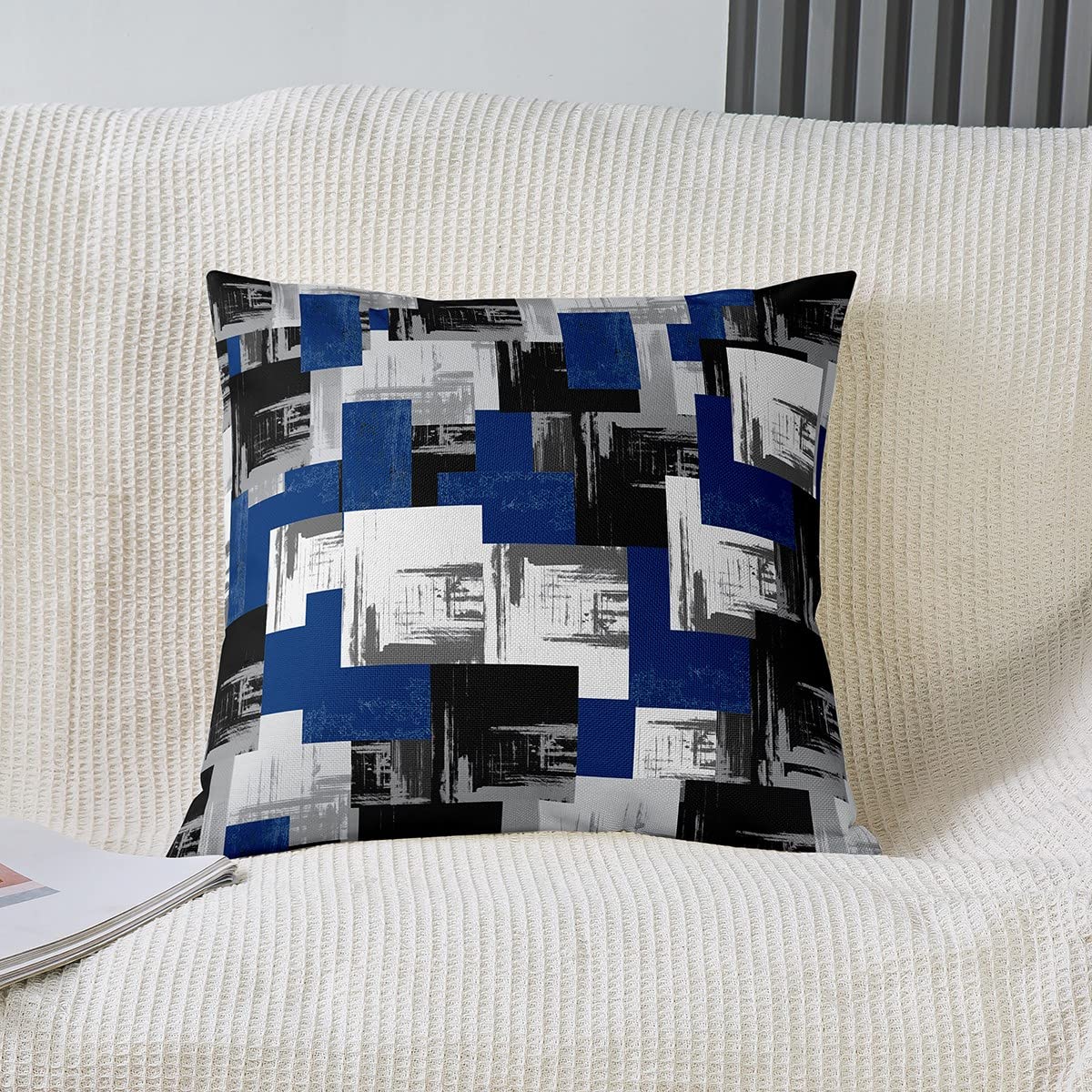 Loussiesd Blue Grey Black Reversible Throw Pillow Covers Kids Buffalo Check Pillow Covers Home Decor for Geometric Square Cushion Covers Set of 2 Modern Abstract Art 18x18 Inch — image 1