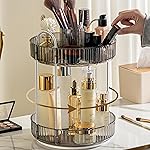 Aveniee 360 Rotating Makeup Organizer for Vanity, Upagraded Perfume Skincare Bathroom Counter Organizers with Brush Divider, Two Tier Spinning Lipstick Cosmetic Lotion Storage,Grey