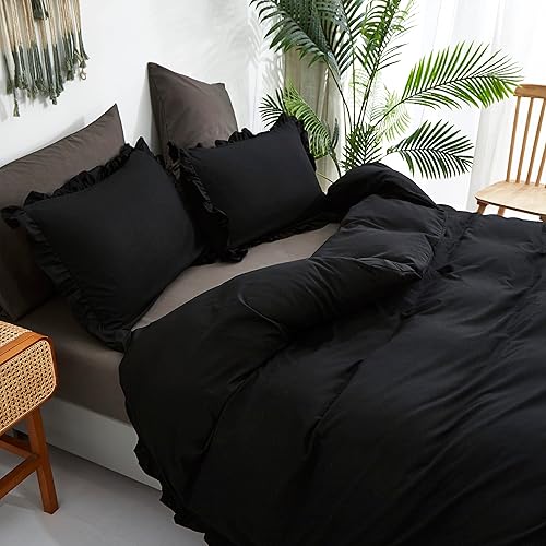 Miniatura 7 de CLOTHKNOW Juego de edredón negro con volantes de 3 piezas, juego de ropa de cama negro Shabby Chic edredón tamaño matrimonial color negro