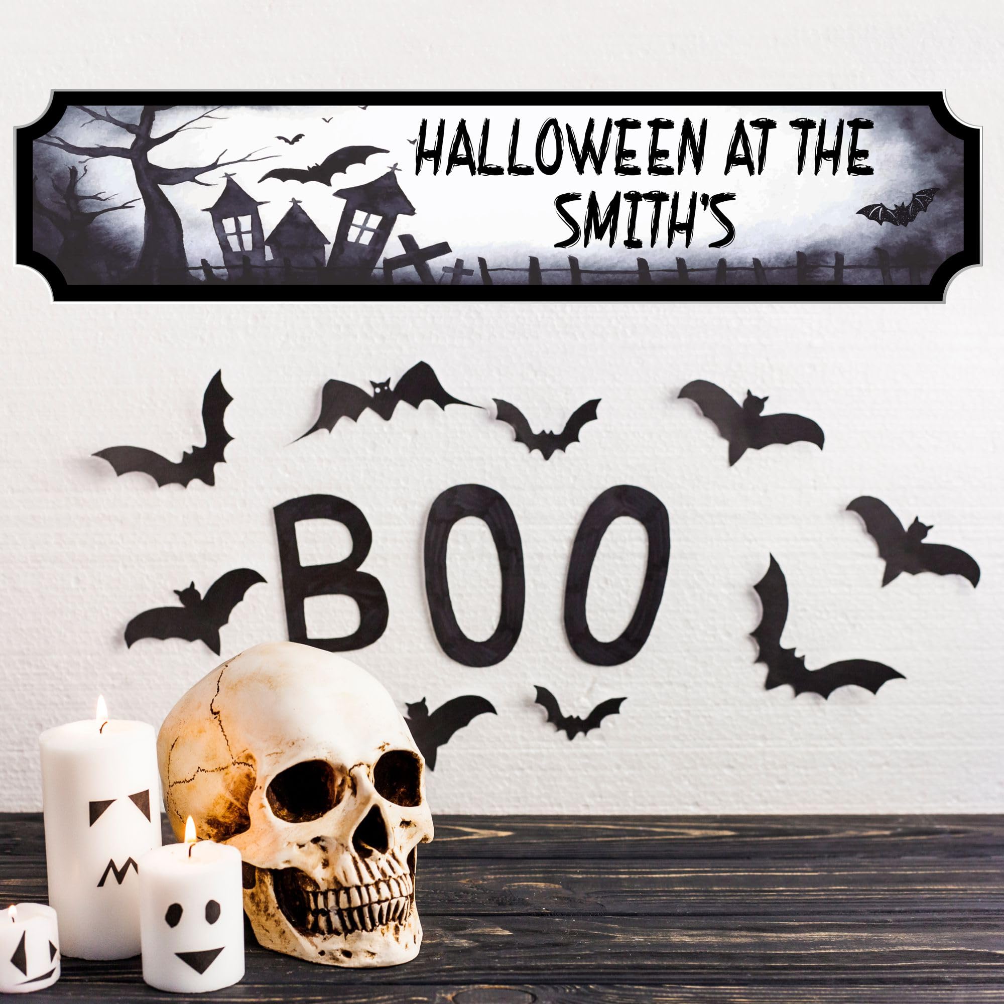 Personalised Halloween Street Sign - Custom Halloween at The Smith's Decor - Haunted House Design (Medium 390mm x 85mm, Acrylic Indoor & Outdoor Use)