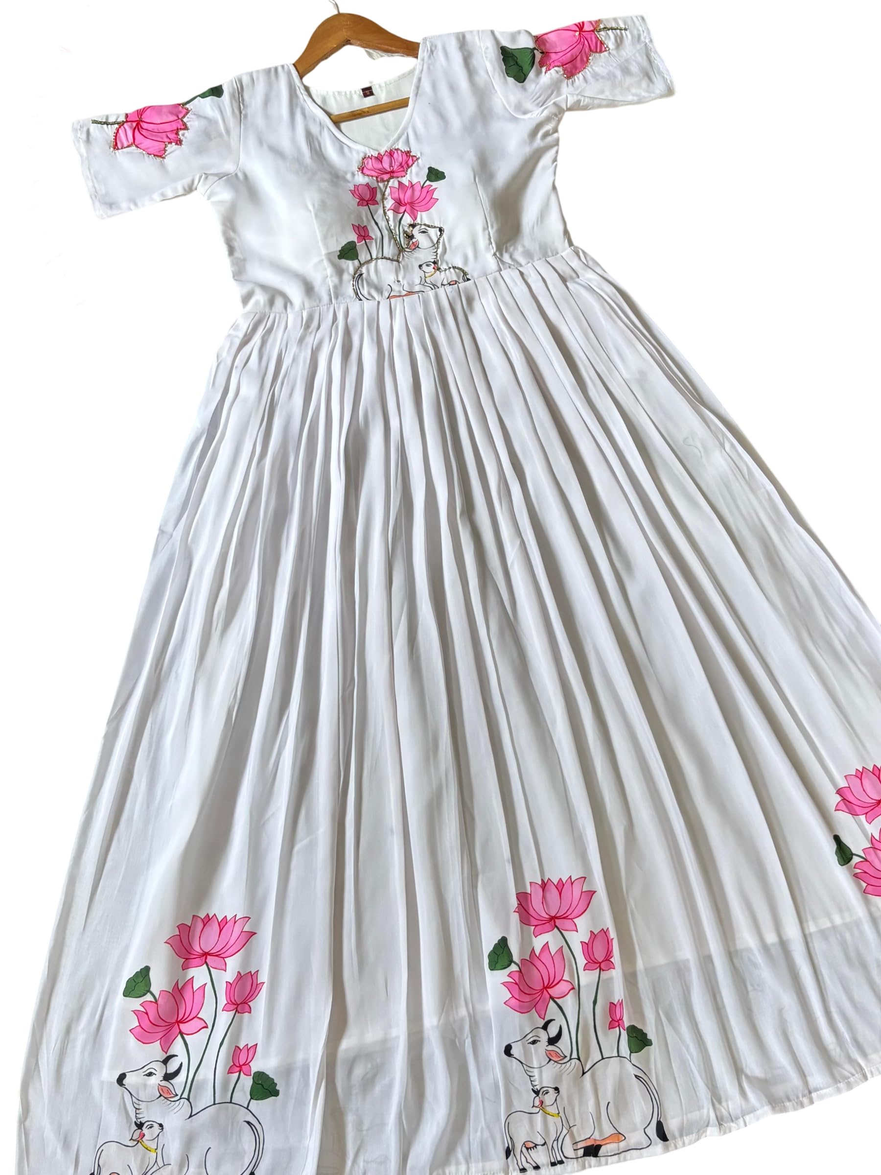 Black Anarkali Gown with Pichwai Print, Lotus and Cow Motif, V-Neck, Flared Ethnic Maxi Dress (in, Alpha, XS, White)-image-36