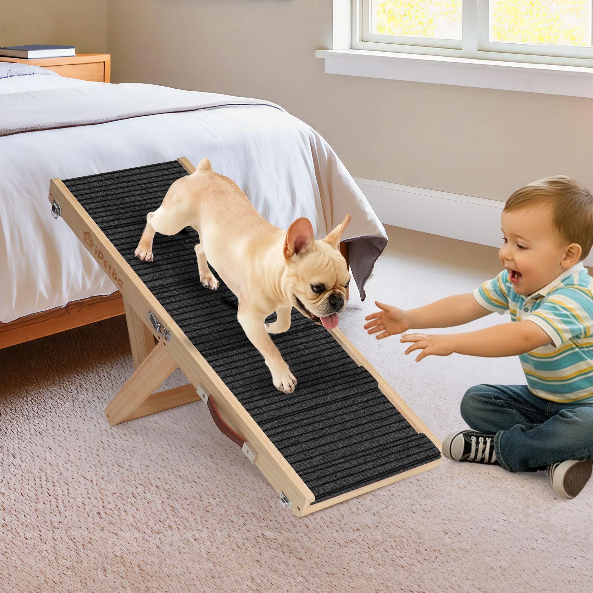 iPetba Dog Ramp for Bed & Couch for Small Dogs - Joint-Friendly, Anti-Slip, Folding, Adjustable, Portable, Up to 35 lbs