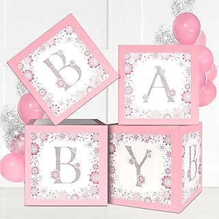4 Pcs Winter Wonderland Baby Shower Box Blocks Decorations Baby Shower Decorations Snowflake Decorations Winter Baby Shower Box Blocks for Girl Boy Baby Shower Party Supplies (Pink)