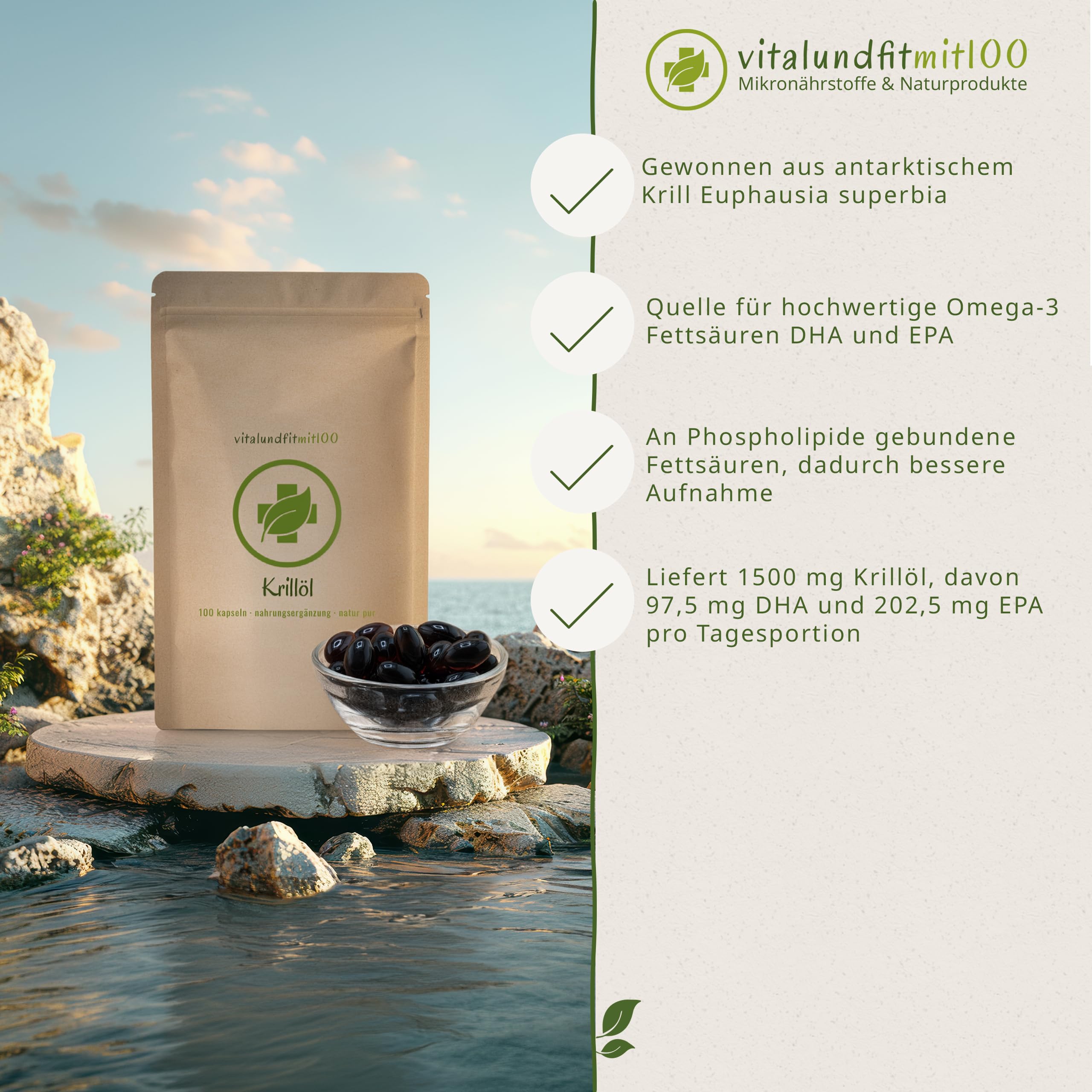 vitalundfitmit100 Krillöl Kapseln 500 mg 100 Softgelkapseln Omega 3 mit Astaxanthin natur pur glutenfrei laktosefrei ohne Zusatzstoffe