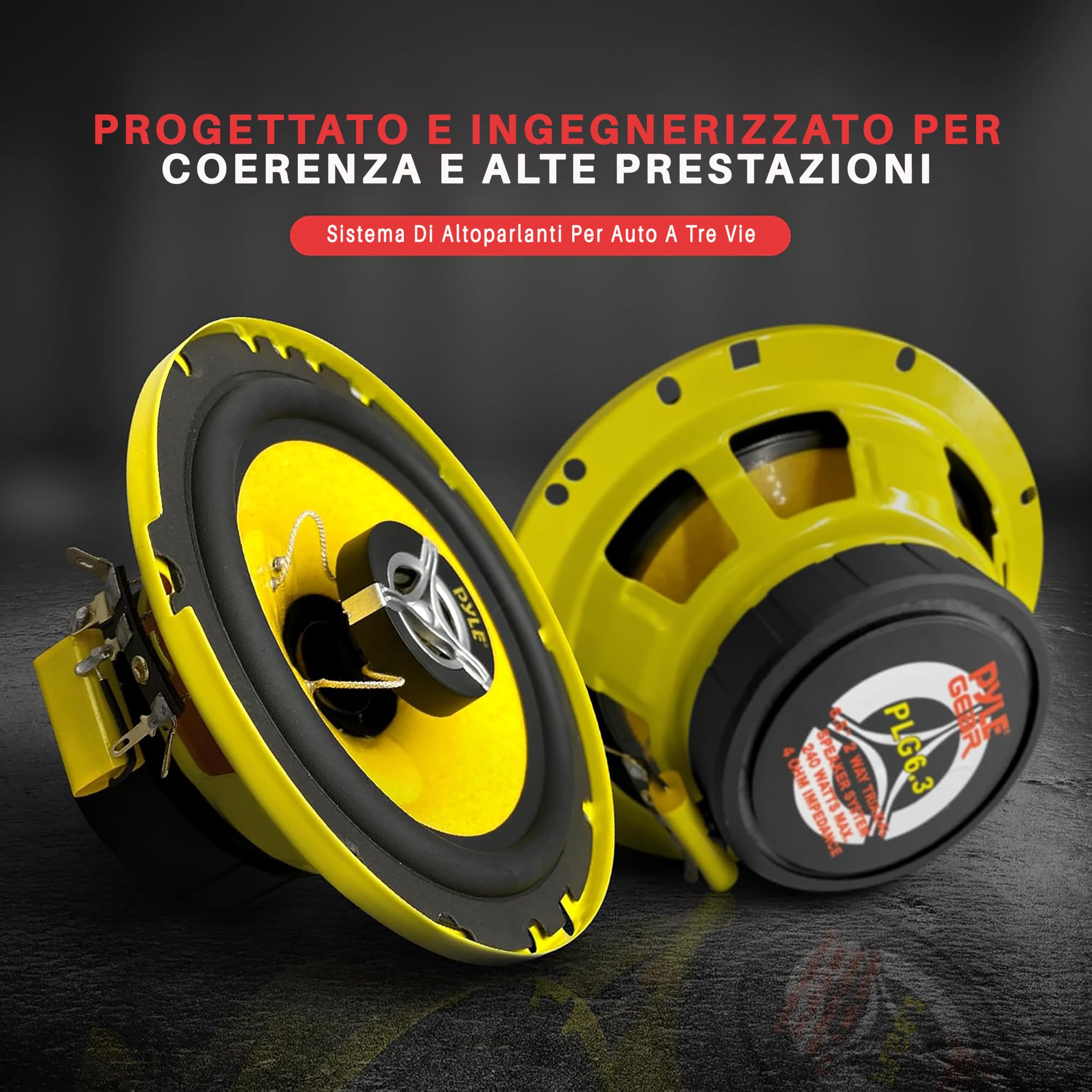 Pyle Sistema di Altoparlanti Auto a Tre Vie Giallo/Nero, 16,5 cm, 280 Watt, 4 Ohm, con Tweeter e Magneti da 1 kg, Profondita di Montaggio 5,7 cm, Coppia