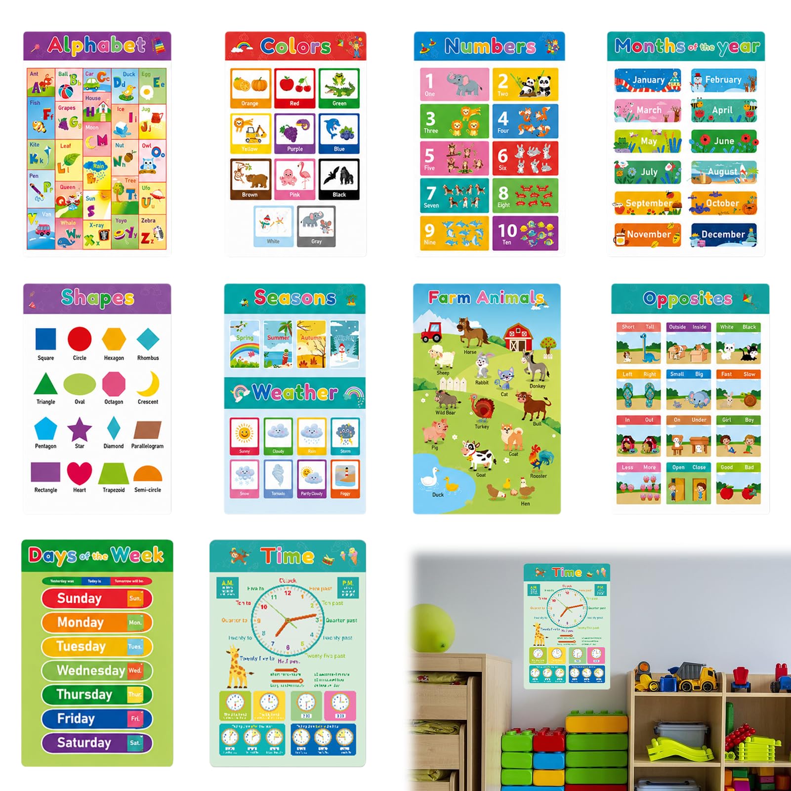Muanwk 10 PCS Educational Posters for Toddlers, Cartoon Educational Posters