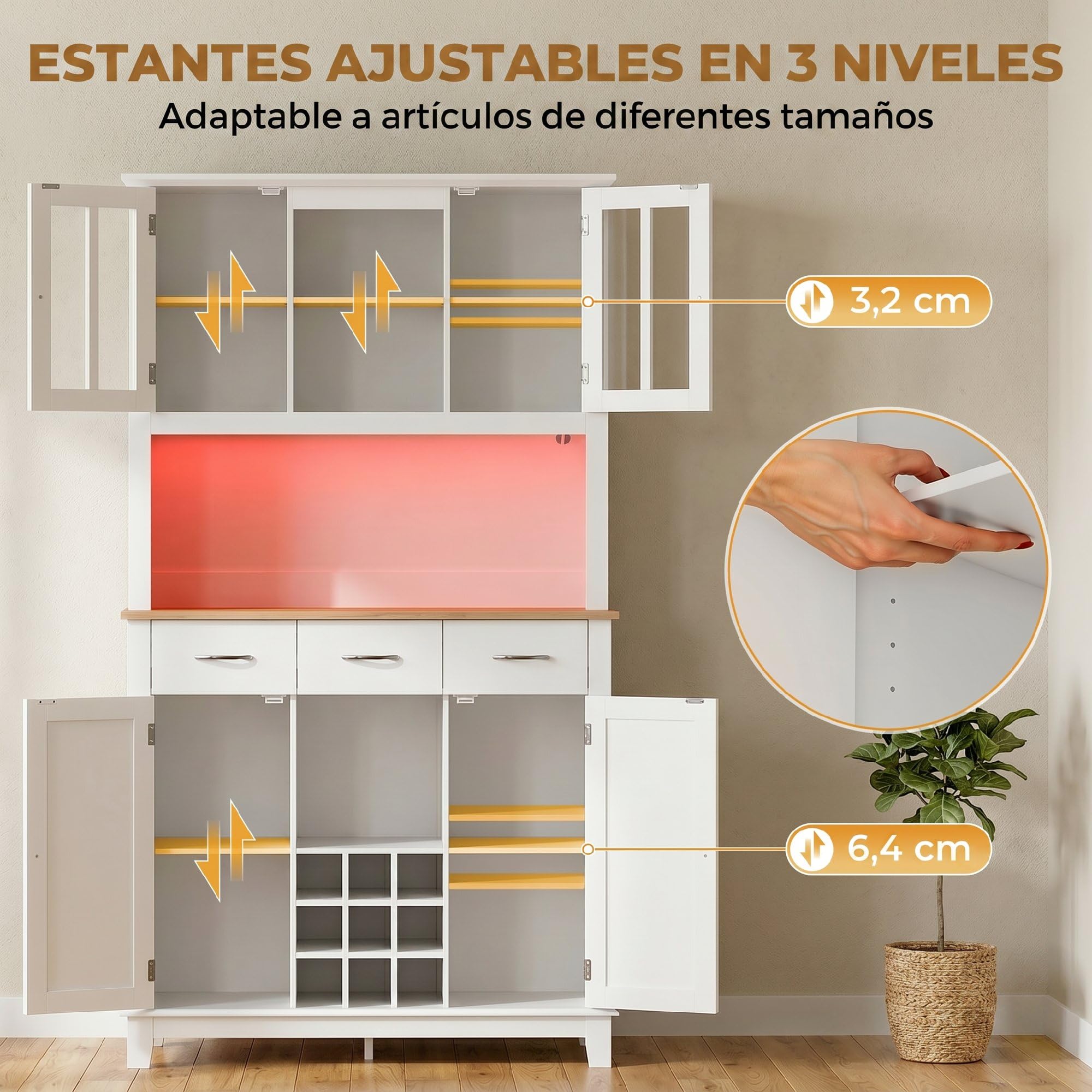 HOMCOM Alacena de Cocina con Iluminación LED Control por App, Armario Cocina Alta con Encimera para Microondas, Botellero, Puertas de Vidrio, Estantes Abiertos, 3 Cajones, Estantes Ajustables, Blanco