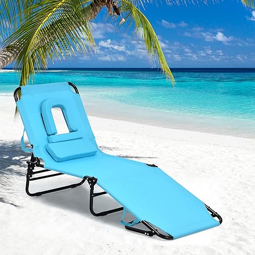 Miniatura 2 de GYMAX Sillón de playa, silla para tomar el sol, silla plegable ajustable reclinable con agujero para la cara