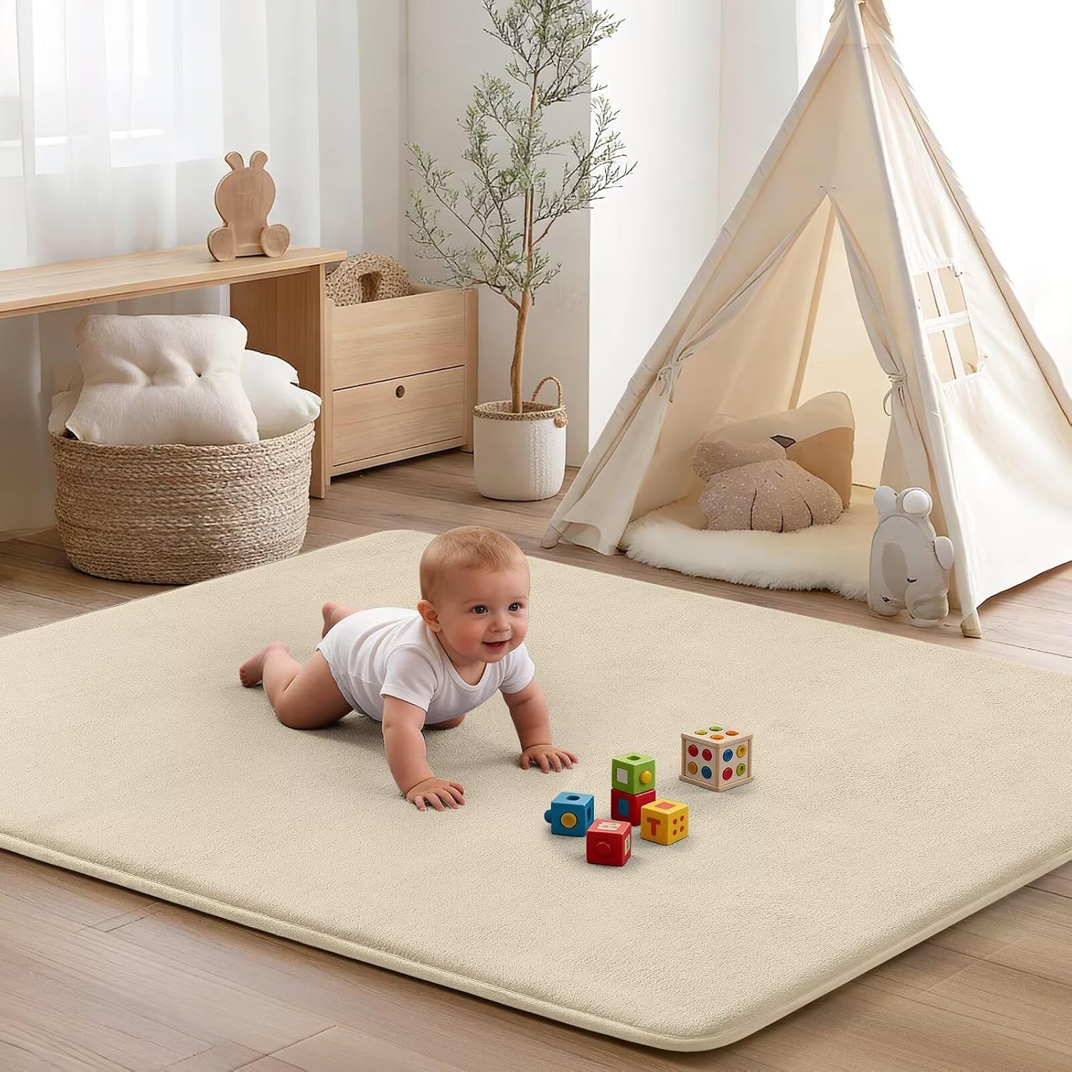 Baby Floor Play Mat Tummy Time Mat Thick 65"x50"Foam Padded Soft Activity Gym Playmat for Babies Infants,Beige