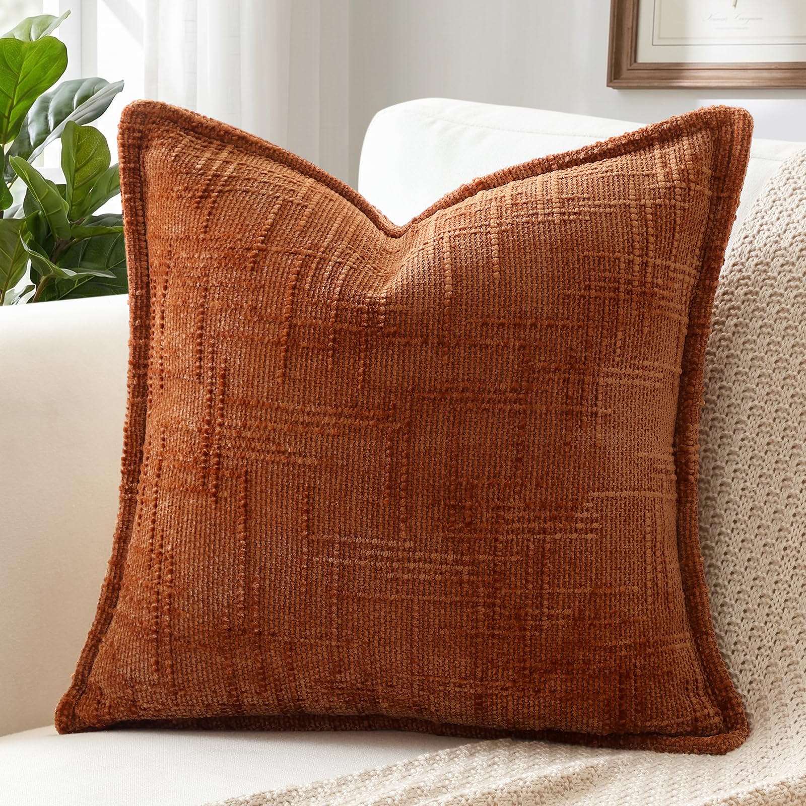 Sungeek Rust Chenille Textured Decorative Cushion Cover, Soft Cozy Bound Edge Design Cushion Case, Solid Farmhouse Square Pillow Case for Couch Sofa Bed Living Room, 50x50cm