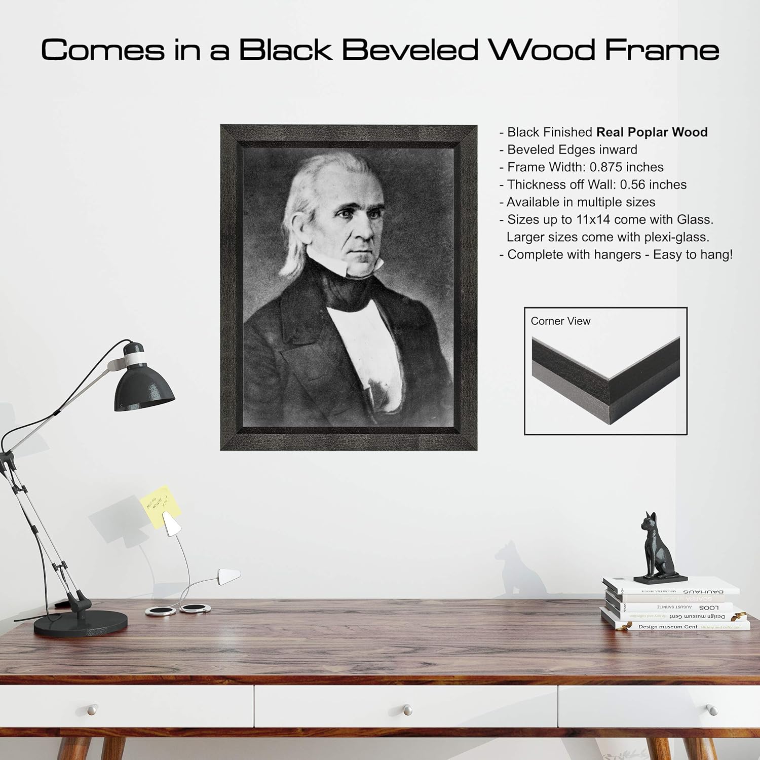 James K. Polk Photograph in a Black Beveled Frame - Historical Artwork from 1855 - US President Portrait - (5" x 7") - Semi-Gloss