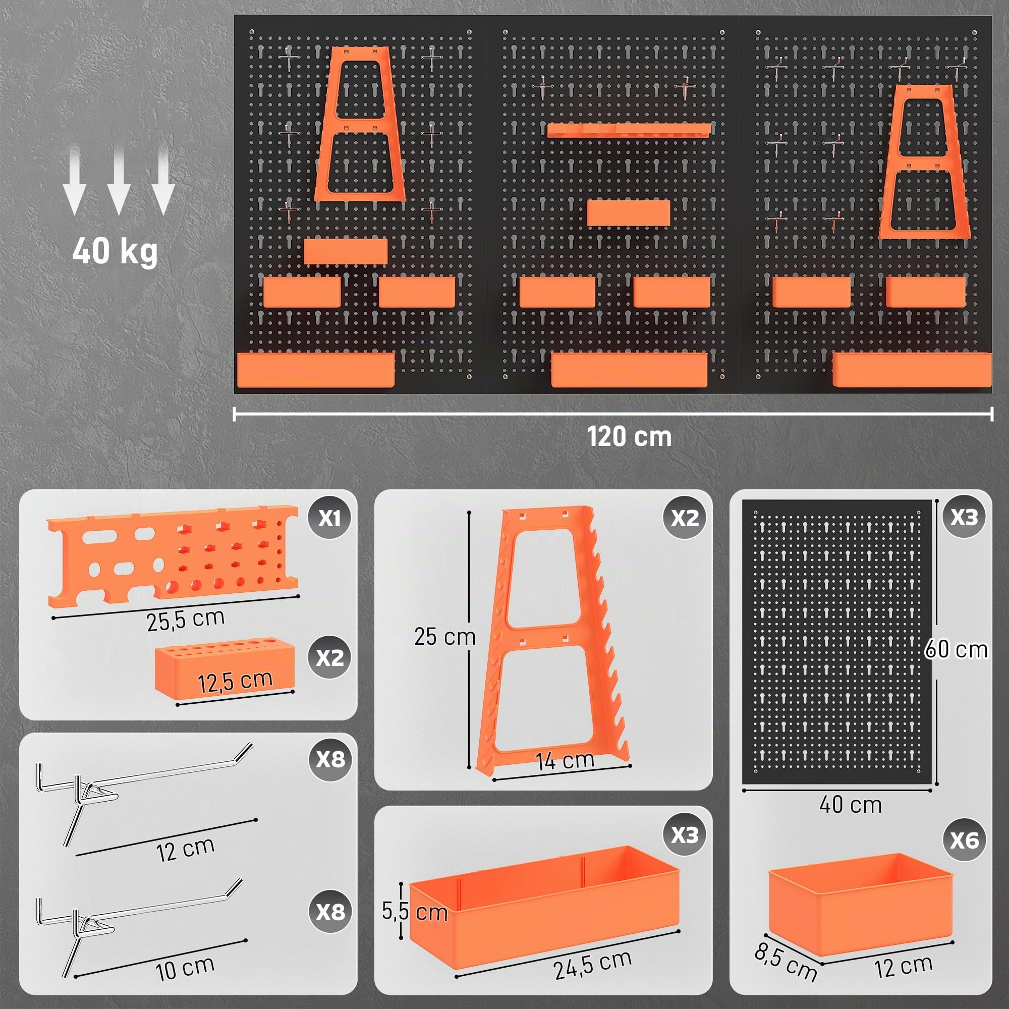 HOMCOM Organizador de Herramientas de Pared 120x60 cm Negro y Naranja | 33 Piezas, Paneles de Herramientas de Pared, Ganchos, Contenedores, Estantes, para Garajes, Cajitas