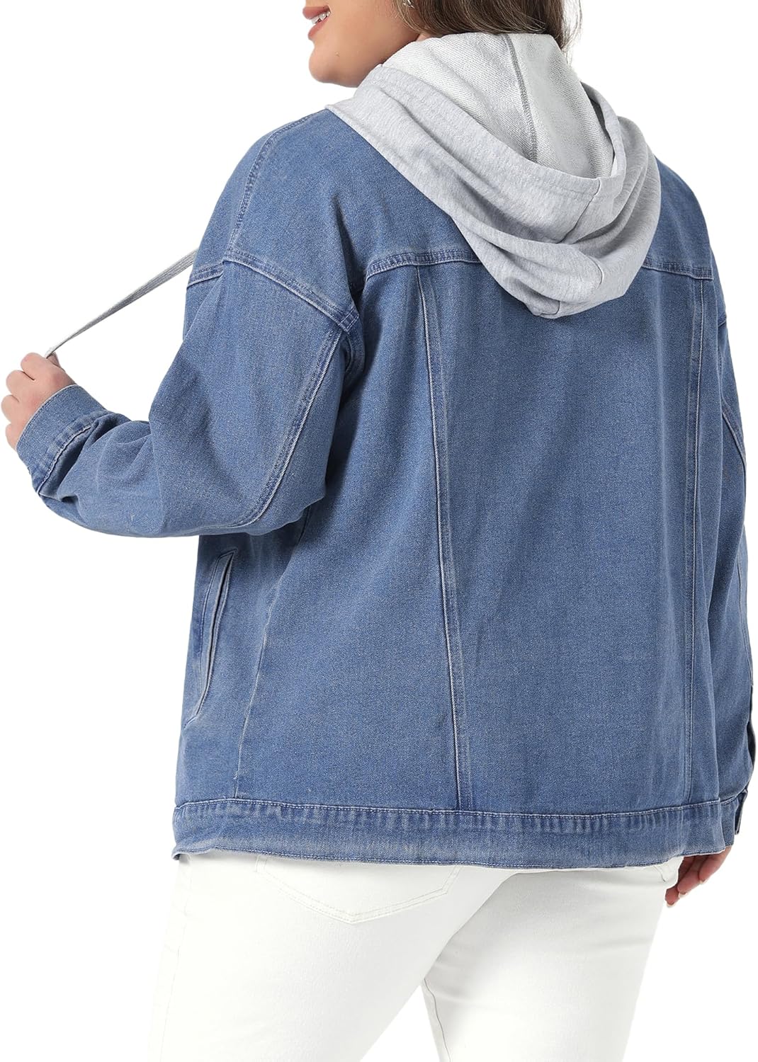 Agnes Orinda Women's Plus Size Denim Jacket with Detachable Hood Oversized Jean Shacket Jackets with Pockets