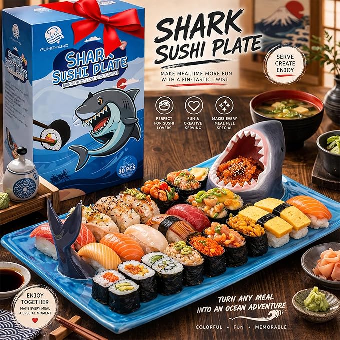 Plato Tiburón Sushi Cerámica 3 en 1, Incluye 40 Stickers, Apto Lavavajillas miniatura 6