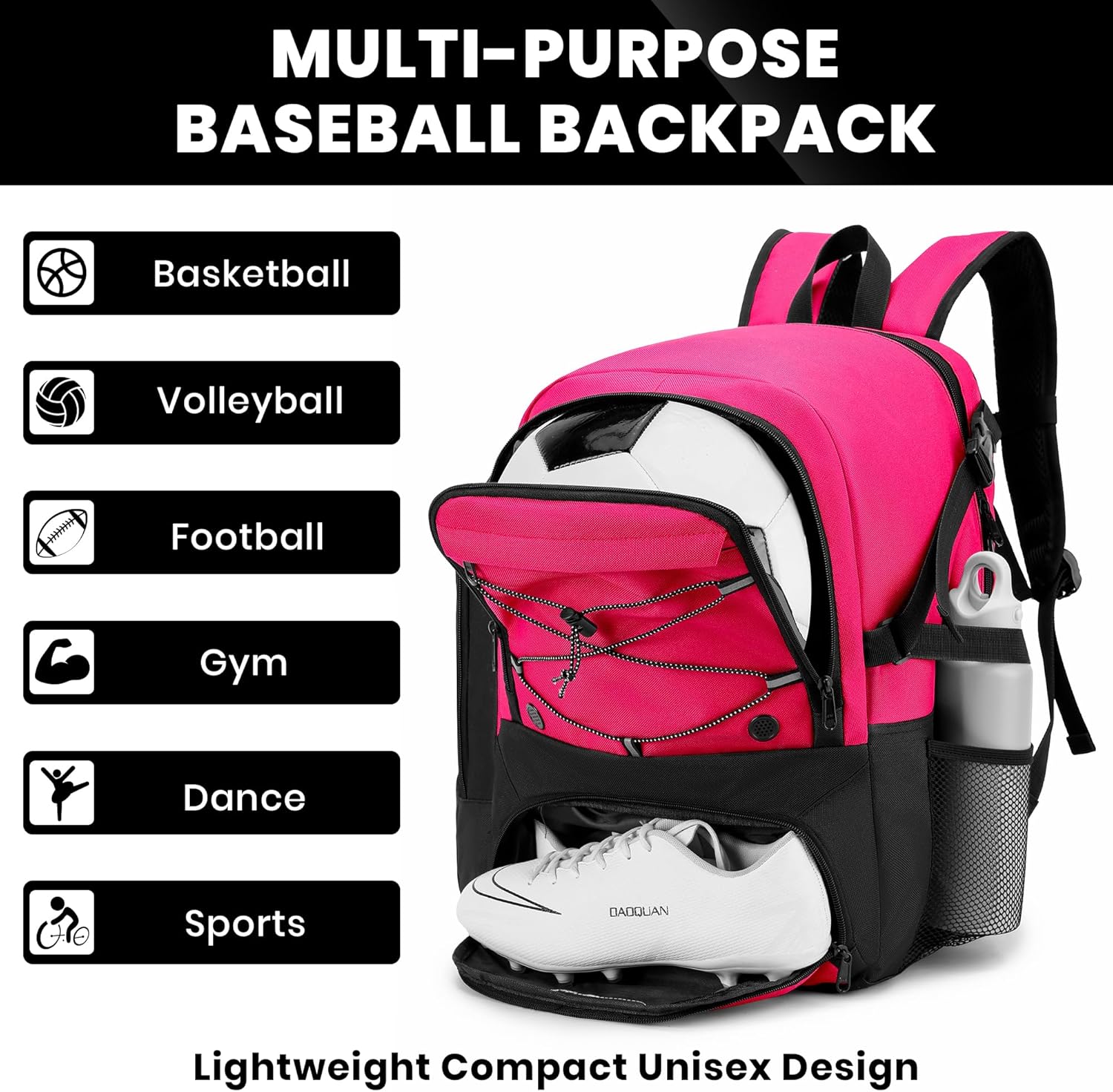 Soccer Backpack with Ball Holder,Youth soccer Bag for Basketball,Volleyball-Includes Separate Shoe Compartment&and Insulation (Pink) - Image 7