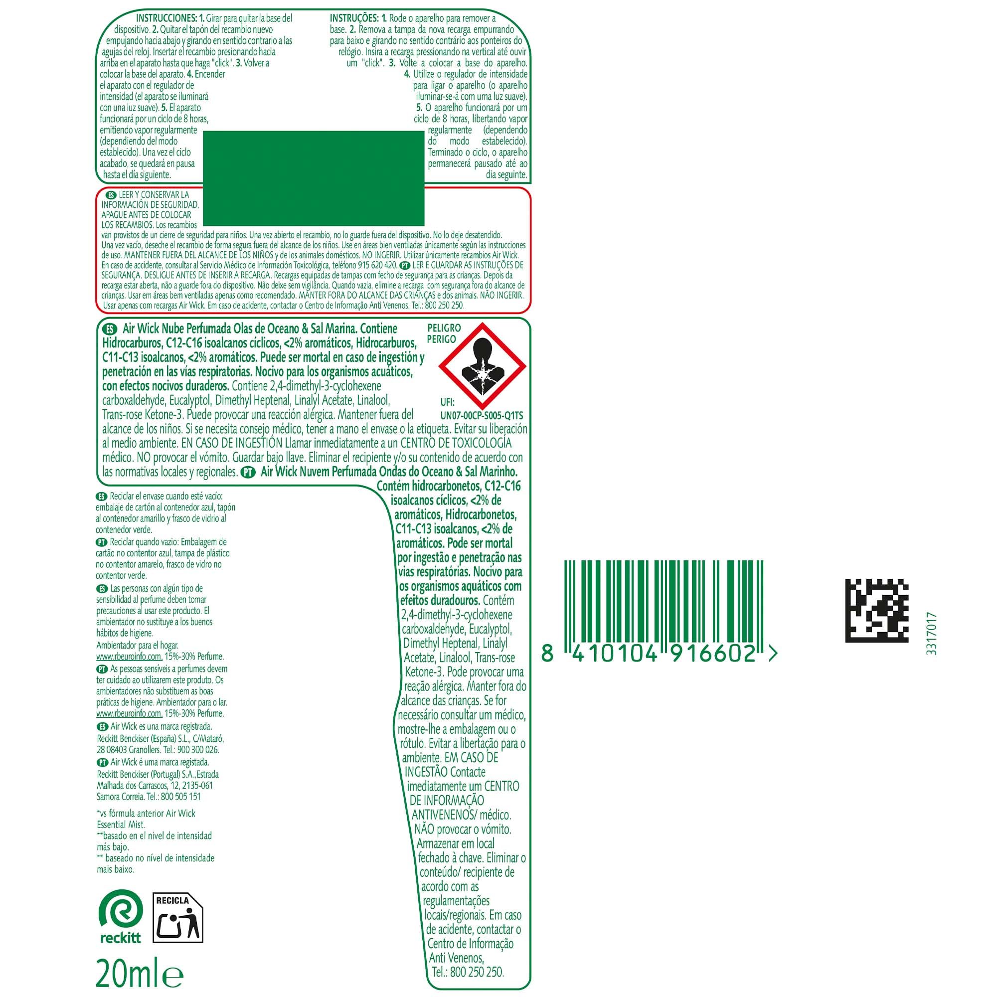 Air Wick Essential Mist - Recambio de Ambientador Difusor de Aceites Esenciales con Aroma a Brisa Marina, 9 x 20ml