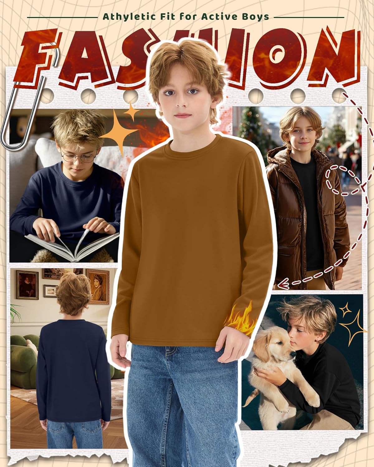 3 Pack Boys Fleece Long Sleeve Shirts, Crew Neck Thermal Tops Kids Casual Soft Warm Loose Basic Tees 3-16 Years - Image 4