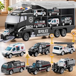 Carrier Truck Toddlers Toys for 3 4 5 6 7 Years Old Boys, Toy Truck Transport Car & Die-Cast Car and Play Mat, Police Car Toys Birthday Gifts for Kids 3 4 5 6 7 8+ Years Old Boys Girls