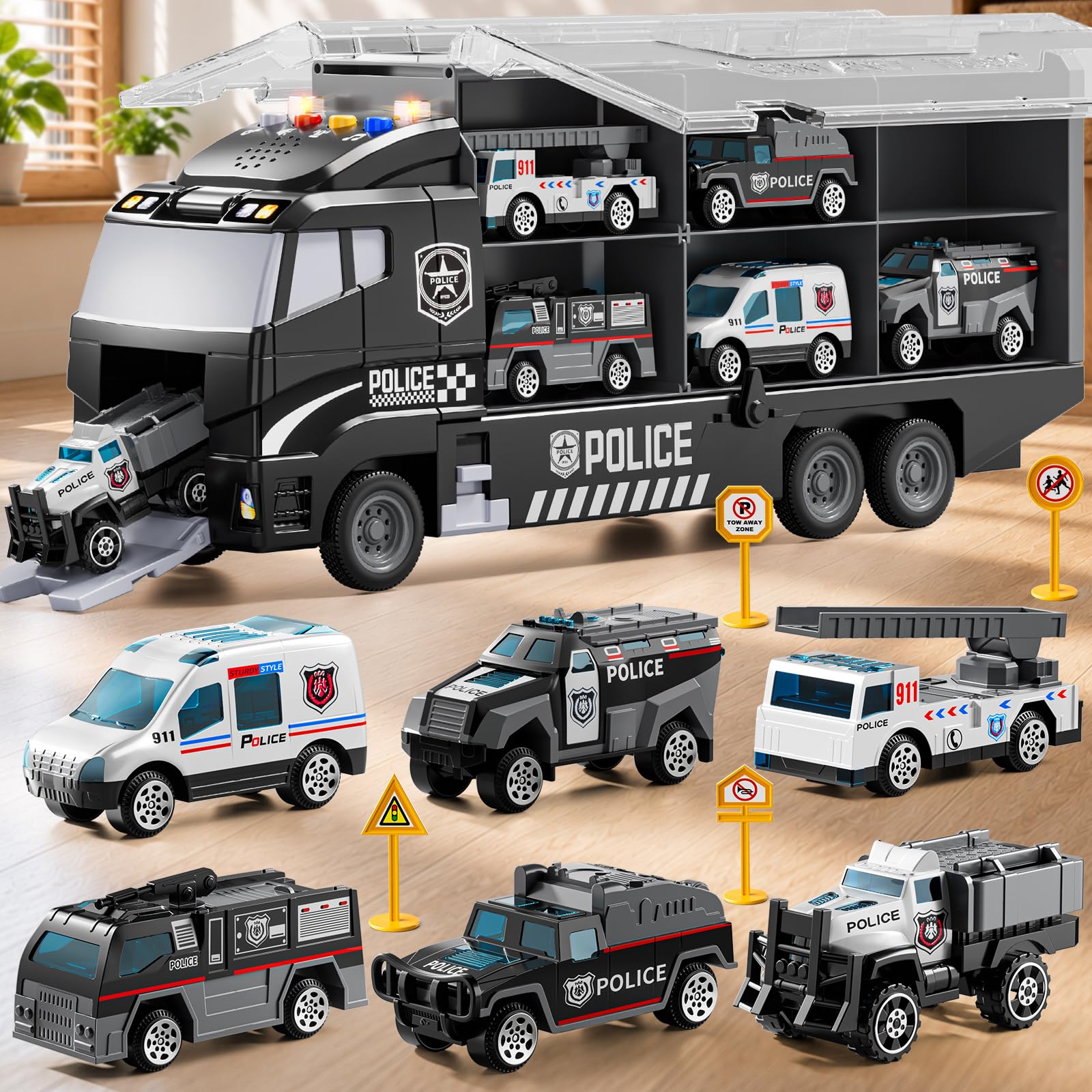 XINNOVEL Carrier Truck Toddlers Toys for 3 4 5 6 7 Years Old Boys, Toy Truck Transport Car & Die-Cast Car and Play Mat, Police Car Toys Birthday Gifts for Kids 3 4 5 6 7 8+ Years Old Boys Girls