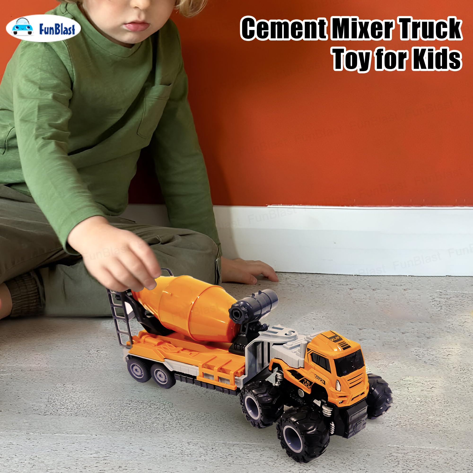 FunBlast Cement Mixer Truck Toy for Kids - 1:43 Scale Model Die-Cast 4 X 4 Drive Pull Back Friction Power Truck Toys, Pull Back Toy Vehicles Play Set for 3+ Years Boys, Girls 4