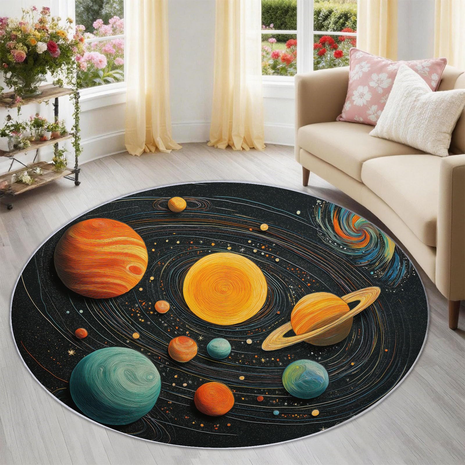 Generisch Teppich Rund 120 cm Himmlisches Universum & Sterne, Waschbar rutschfest Kurzflor, Runde Teppiche für Wohnzimmer Schlafzimmer Kinderzimmer Flur Kinder, Schwarz