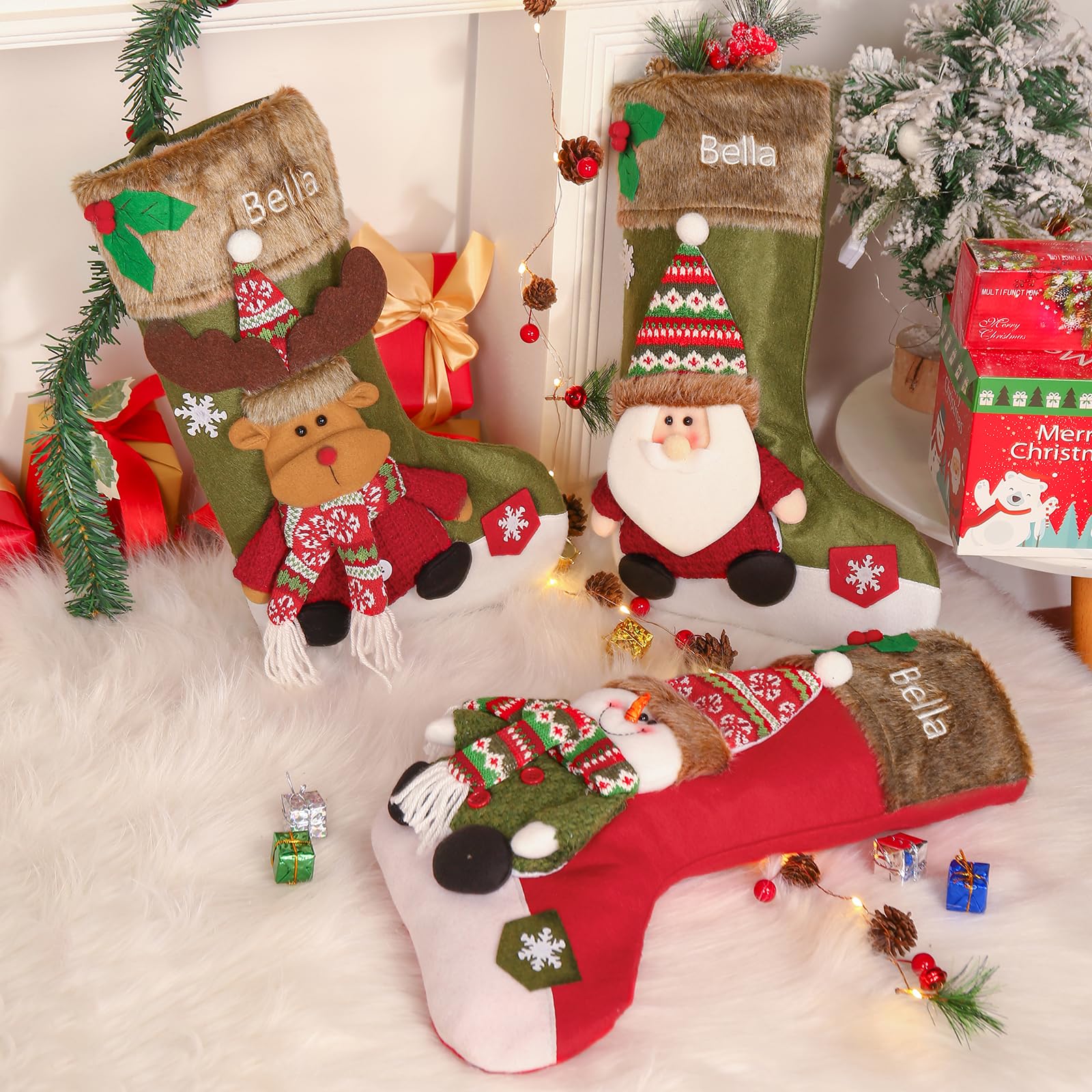 Gemszoo Personalisierte Weihnachtsstrümpfe, personalisierbar, mit Namen, Weihnachtsdekoration, großer Weihnachtsstrumpf, Geschenk, Strumpftasche (Stil 1 (3er-Pack)