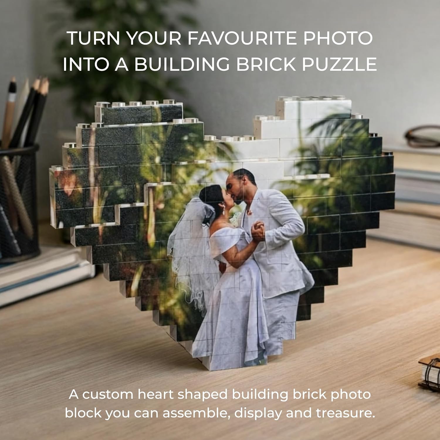 Brick Your Pic – Custom Heart Shaped Building Brick Photo Block – Personalized Photo Puzzle for Couples, Family & Friends – Anniversary, Wedding, Christmas & Birthday Gift