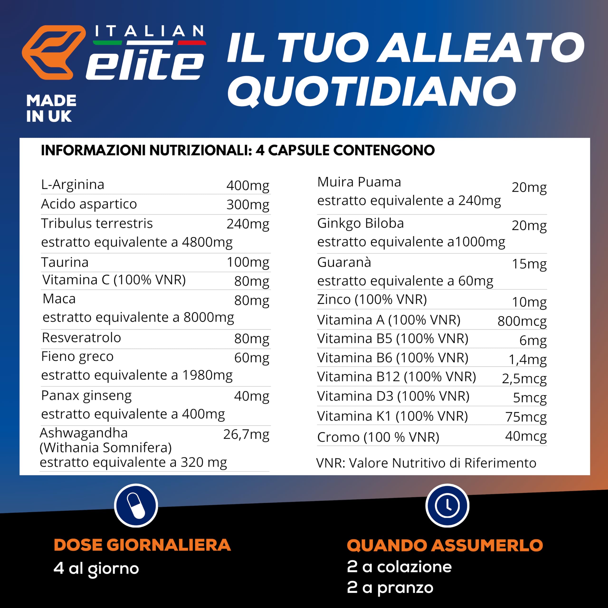 Italian Elite® Testo Complex 120 caps Maca 8000mg. Tribulus, Fieno Greco, Zinco, Arginina, Ashwagandha, Vitamine e Minerali