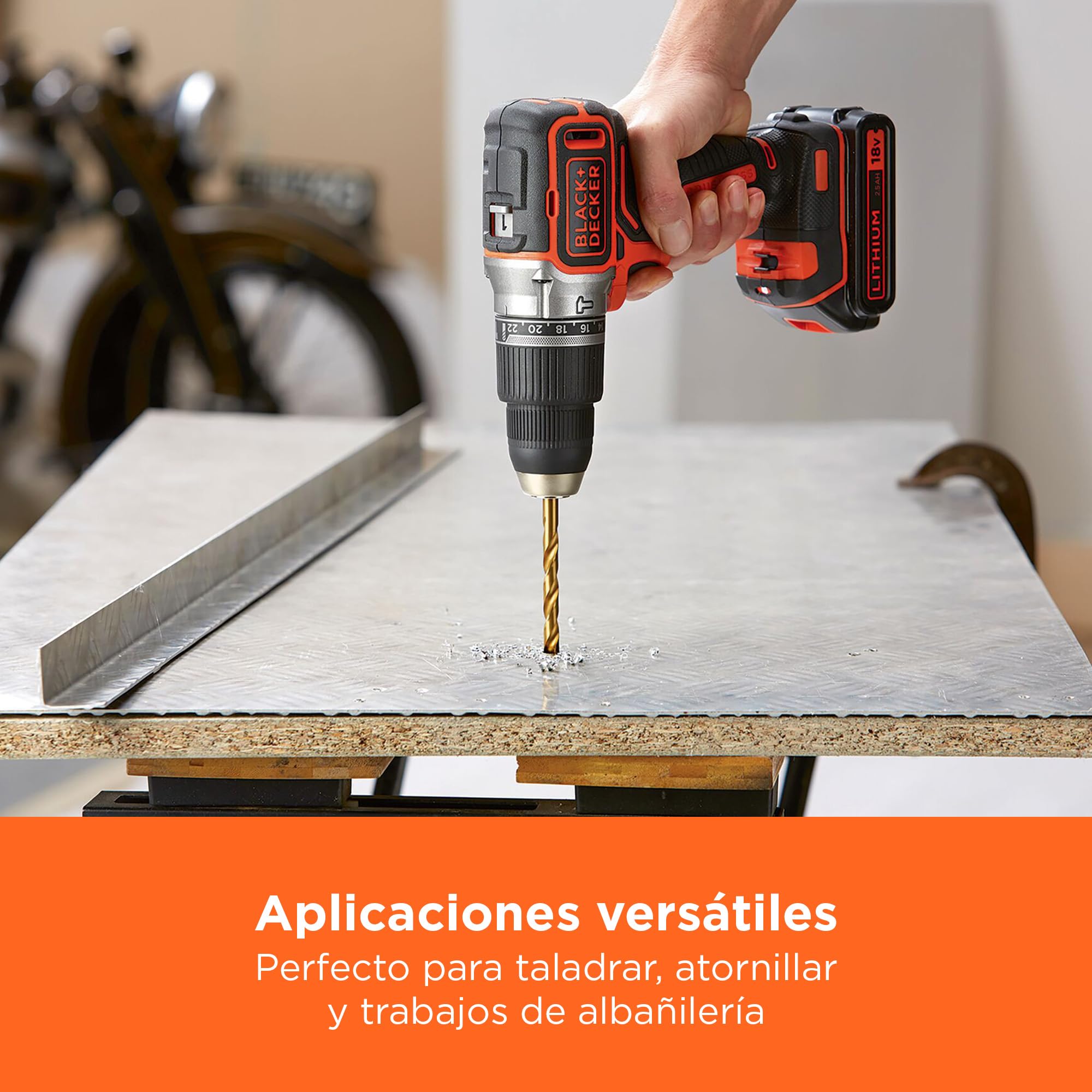 BLACK+DECKER Taladro Percutor sin Escobillas de 18V con 1 Batería de 4.0Ah y 1 Batería de 2.5Ah, 50 Accesorios, Cargador Rápido de 1A y Bolsa de Transporte, BL188ME2SA-QW