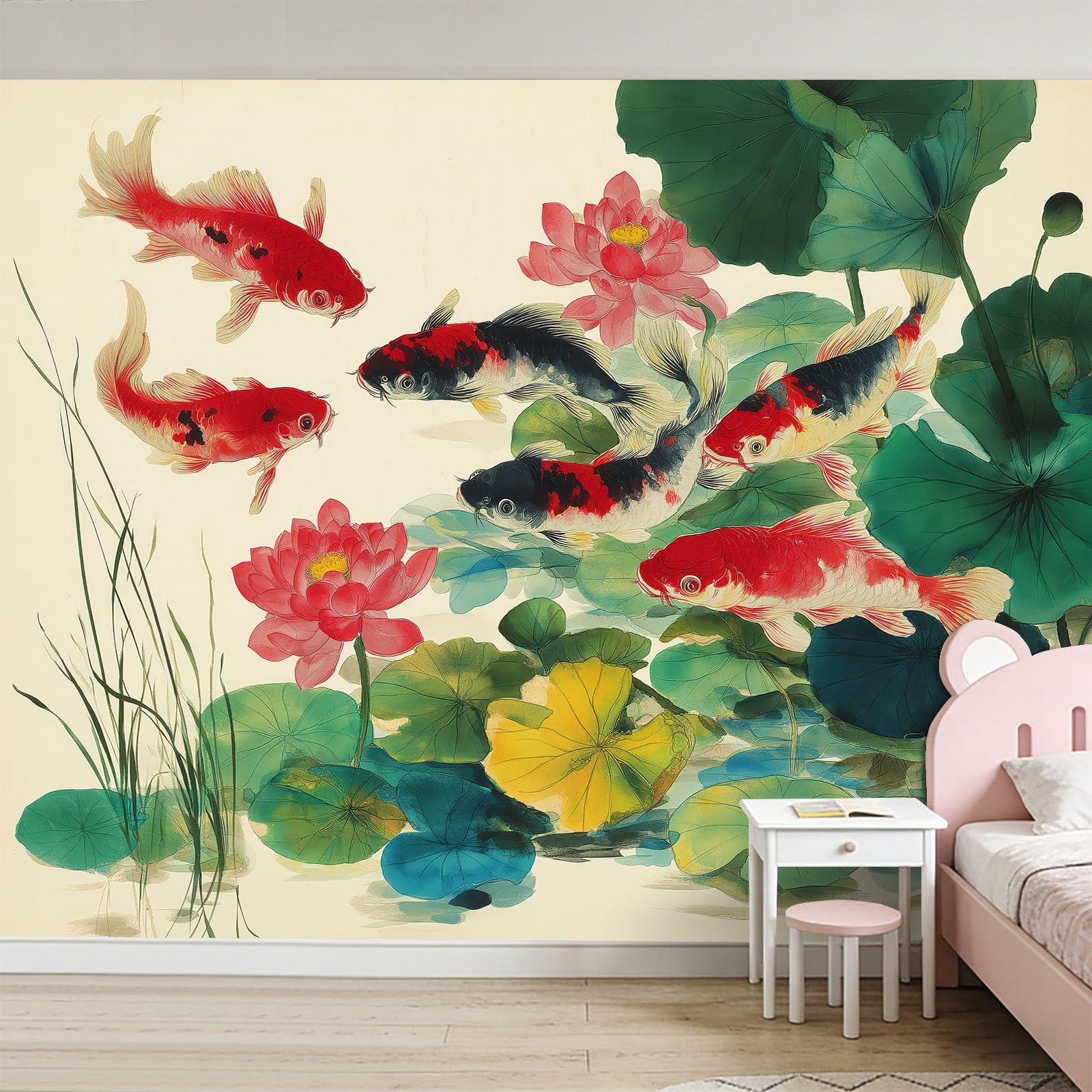 Fototapeta, ryba koi, lotos, lilie wodne, 450 x 315 cm, malowidło ścienne, malowanie farbą, włóknina, plakat, fototapeta, salon, dekoracja ścienna