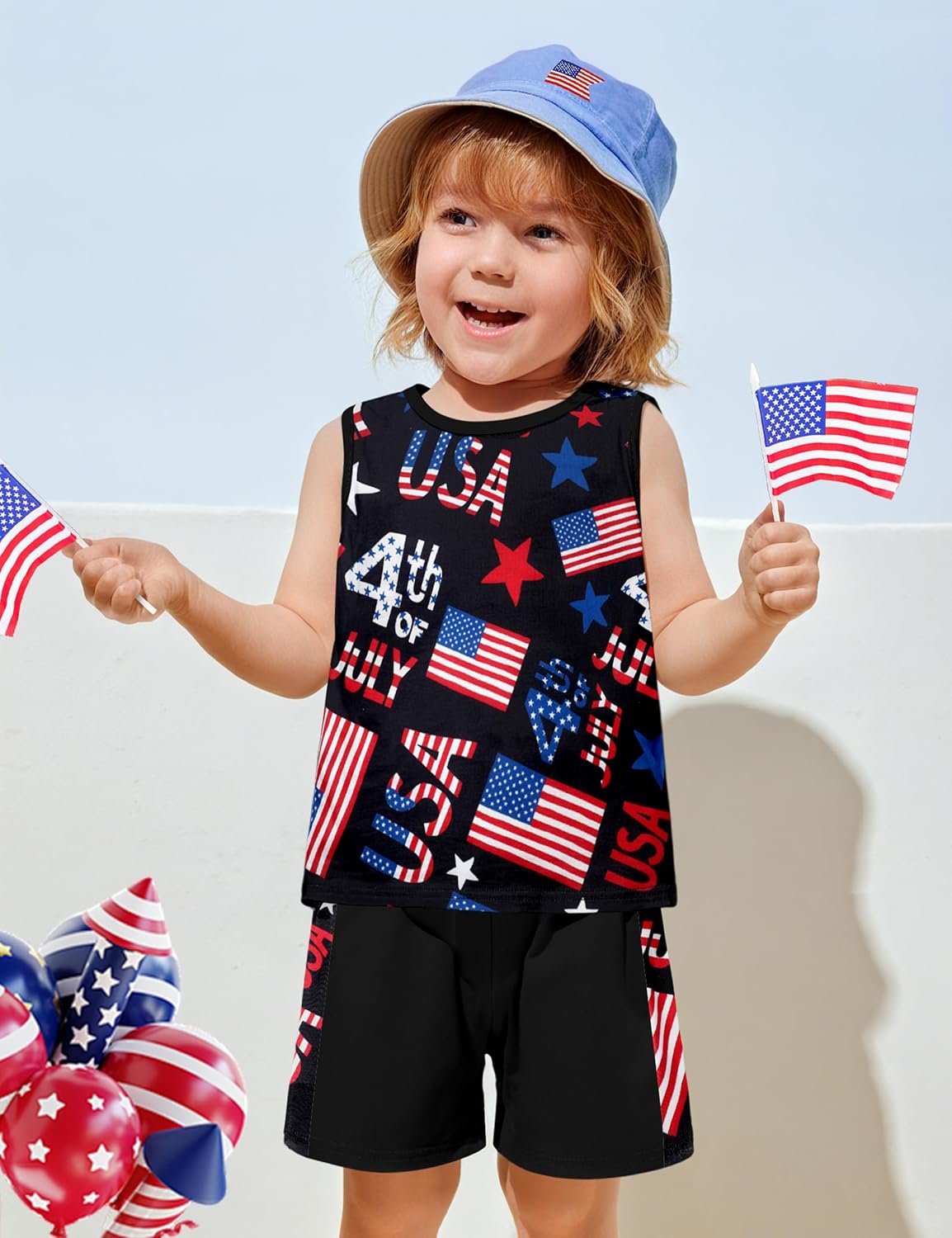 MIGU 7月4日男の子服サマーセット、スターストライプノースリーブトップ+ショートパンツ2枚