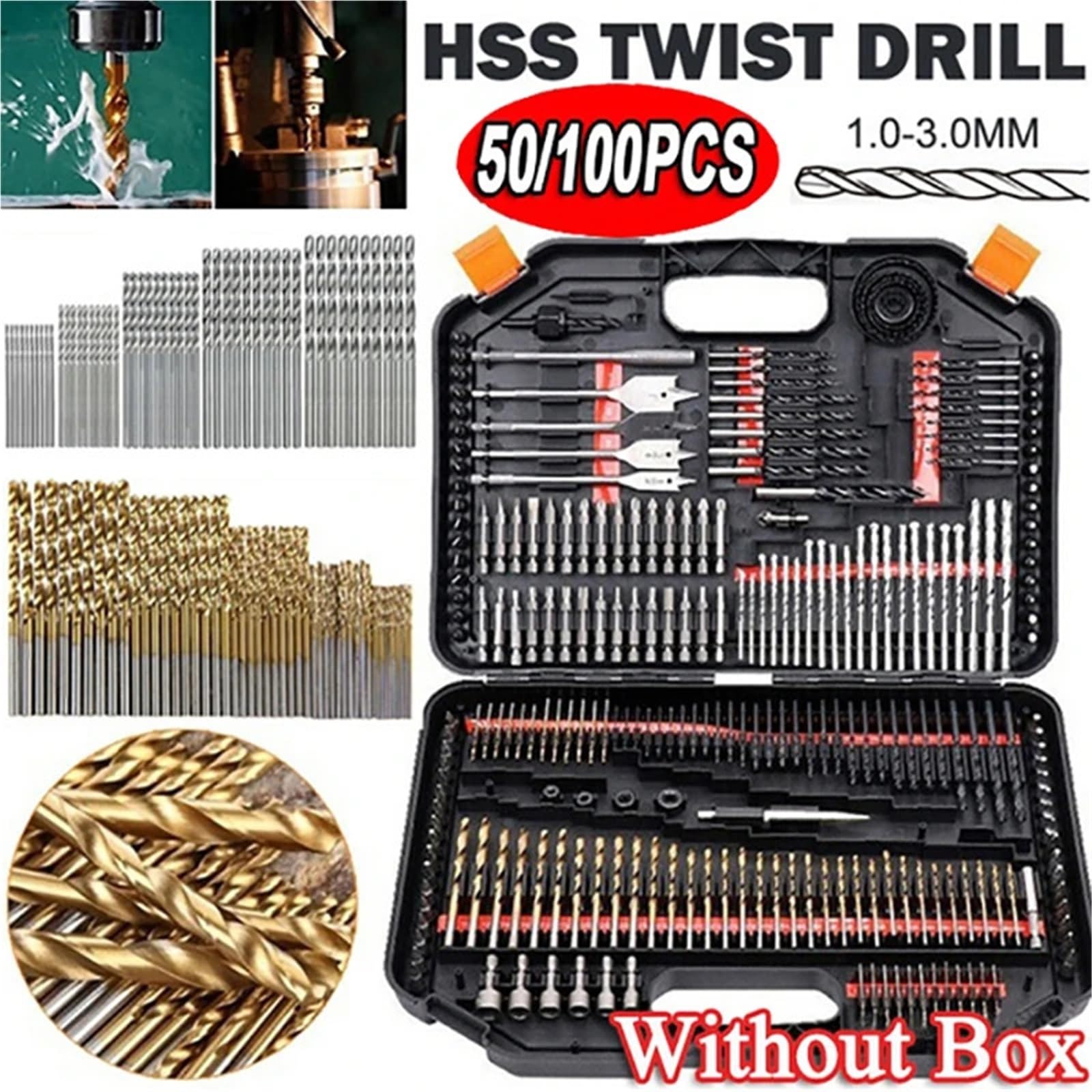 Punte Elicoidali Set di punte for trapano elicoidali da 100/50 pezzi con codolo esagonale strumenti perforazione for utensili elettrici for avvitatore a percussione HSS(100pcs Gold Silver)
