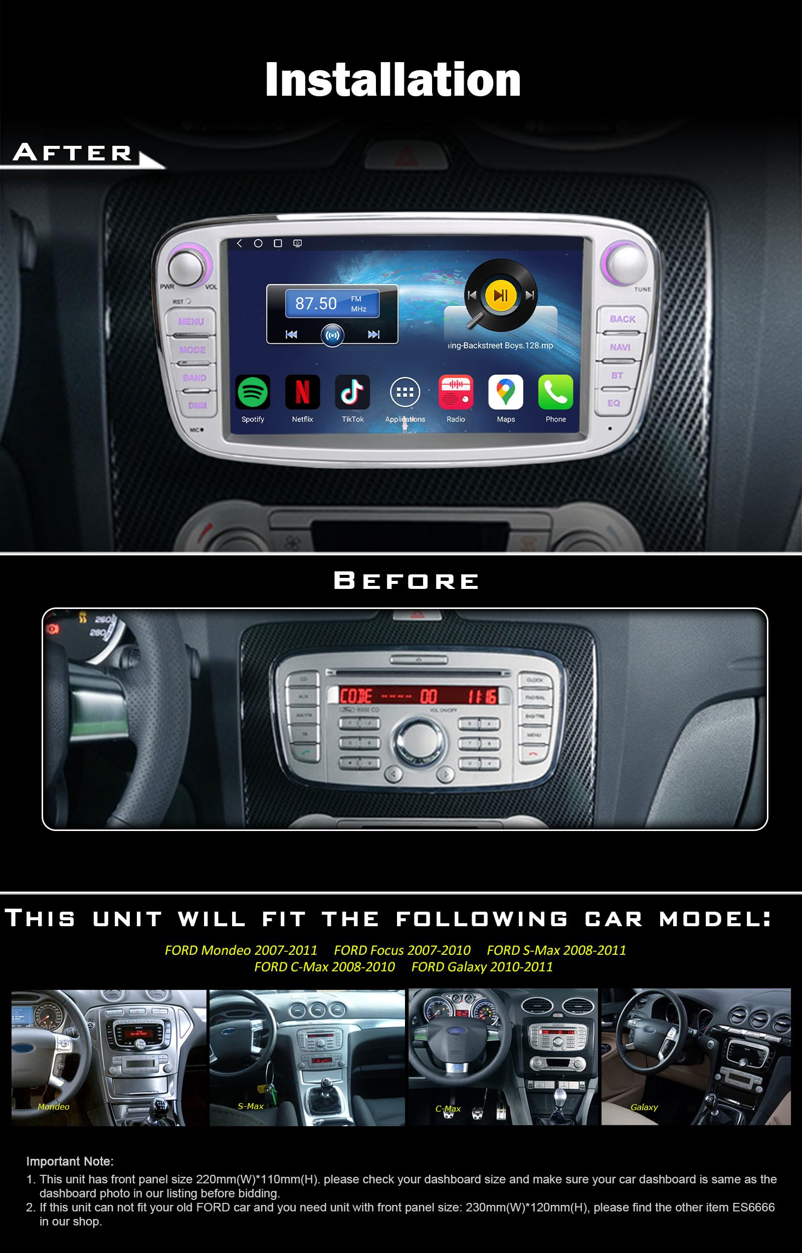 7-calowy odtwarzacz samochodowy Qualcomm Android 14 do Forda Focus Mondeo S-Max C-Max Galaxy z nawigacją GPS, Bluetooth 5.1, CarPlay, Android Auto, DSP, WiFi 4G, DAB+, USB, OBD2, RDS, Canbus