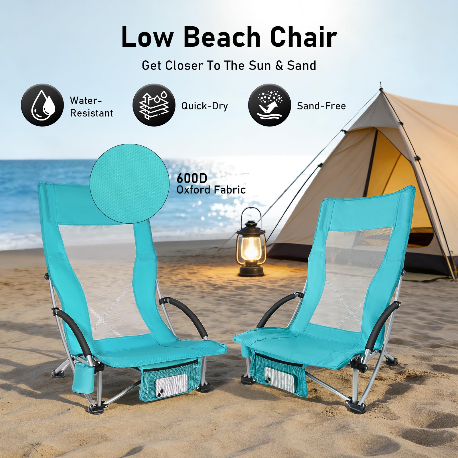 WildFun Chaise de plage pliante, légère et portable, chaise de camping et de pêche avec dossier haut, porte-gobelet, supporte 180 kg pour voyage, extérieur, barbecue, pique-nique, festival (1 pièce