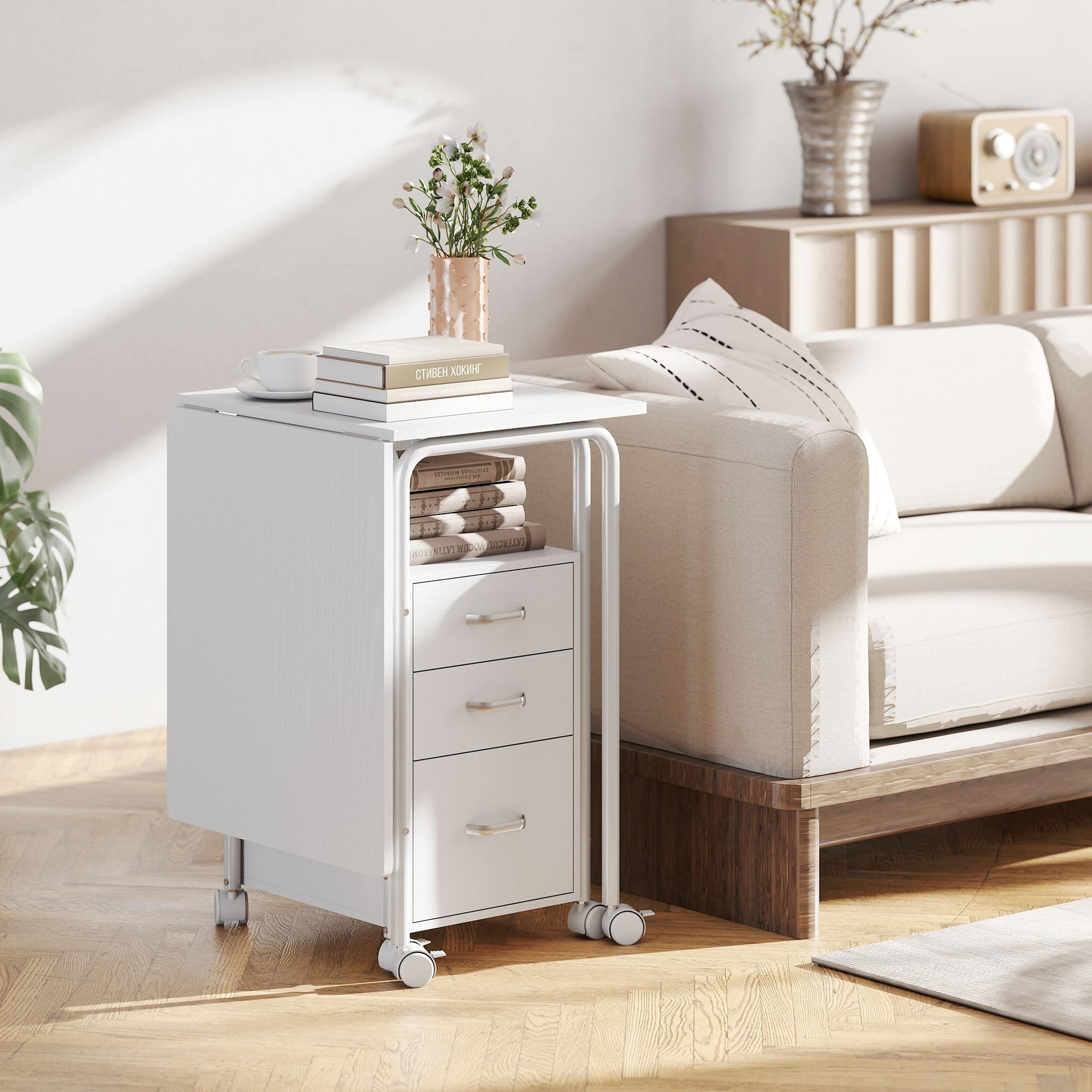 HOMCOM Escritorio Plegable con Ruedas y 3 cajones 105x51x75,5 cm Blanco | Escritorio para ordenador, sobre extensible, estructura de acero, para teletrabajo, dormitorio, estudio, estilo moderno.