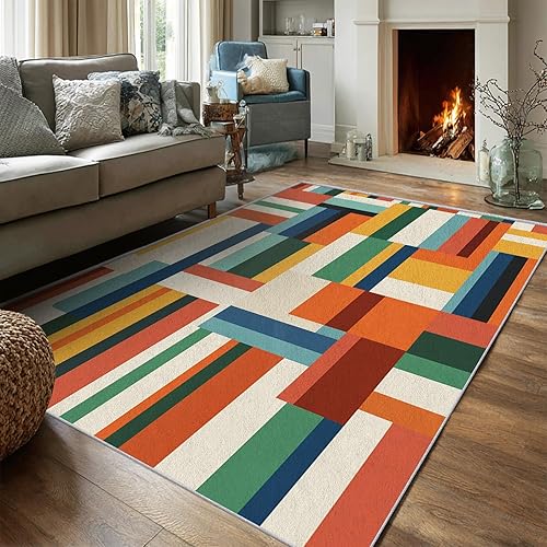 Miniatura 27 de Alfombra retro de los años 70, alfombras de área de 6 x 8 pies, patrón geométrico moderno de mediados de siglo, para sala de estar, dormitorio,