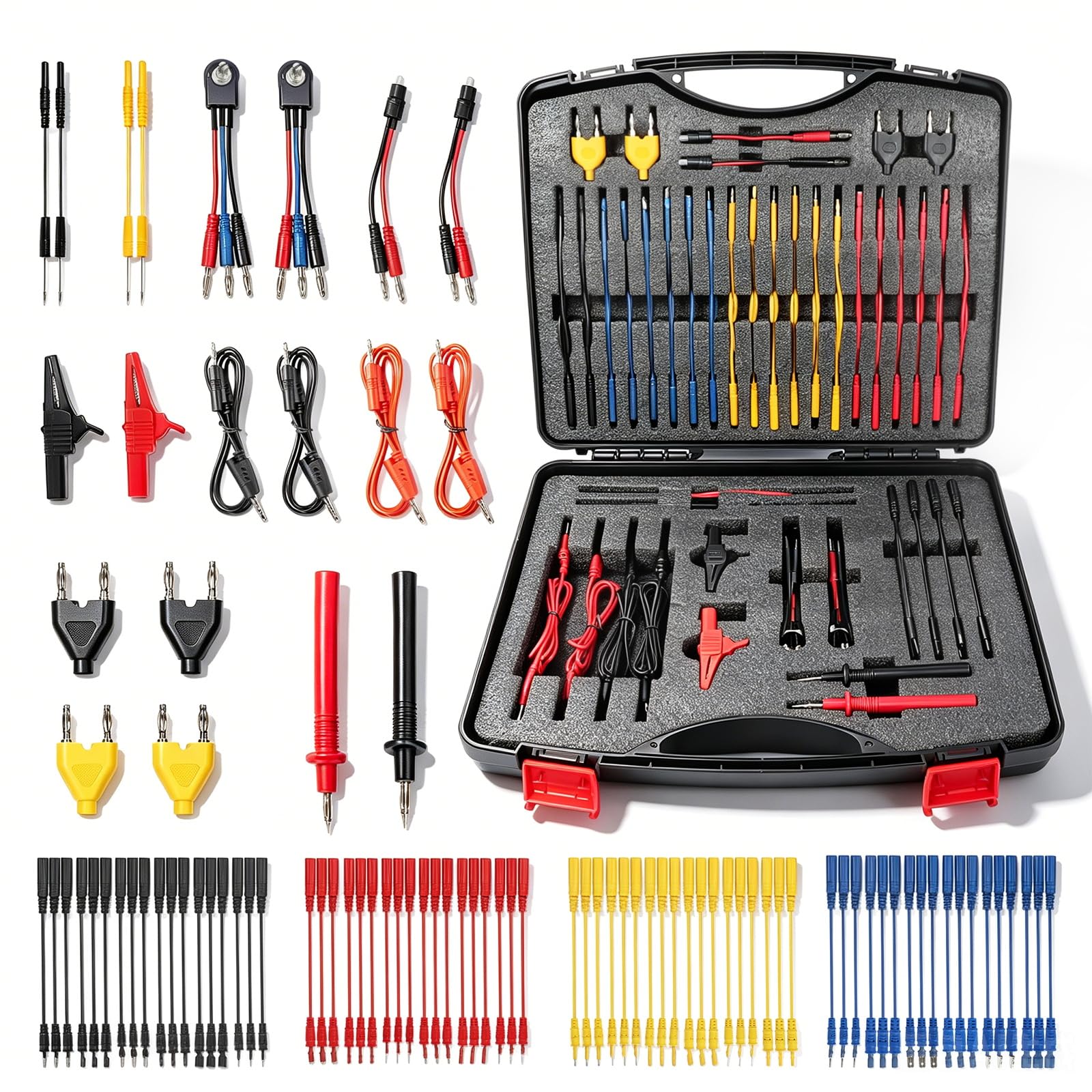 92tlg Kfz Messleitungs-Set mit SRS Messspitzen kompatibel Multimeter | Mit Nadel-/Flachadaptern, kompatibel Multimeter & Oszilloskop，Hitzebeständige Kabel, strukturierter Koffer