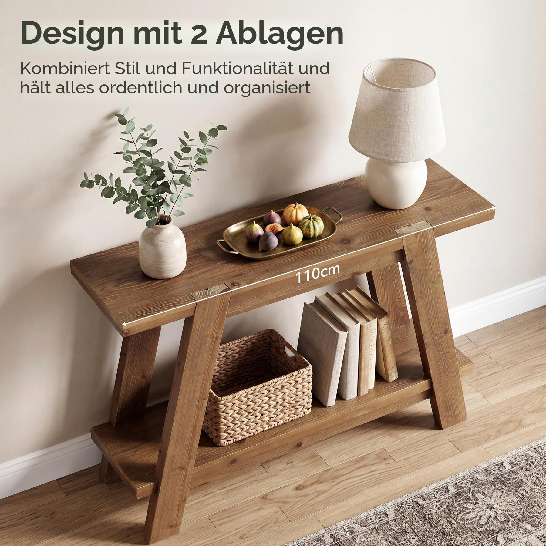 110cm Konsolentisch,rechteckiger Flurtisch Sofatisch aus Holz hinter der Couch,Sofatisch mit Stauraum für Flur, Wohnzimmer, Helles Eichenbraun