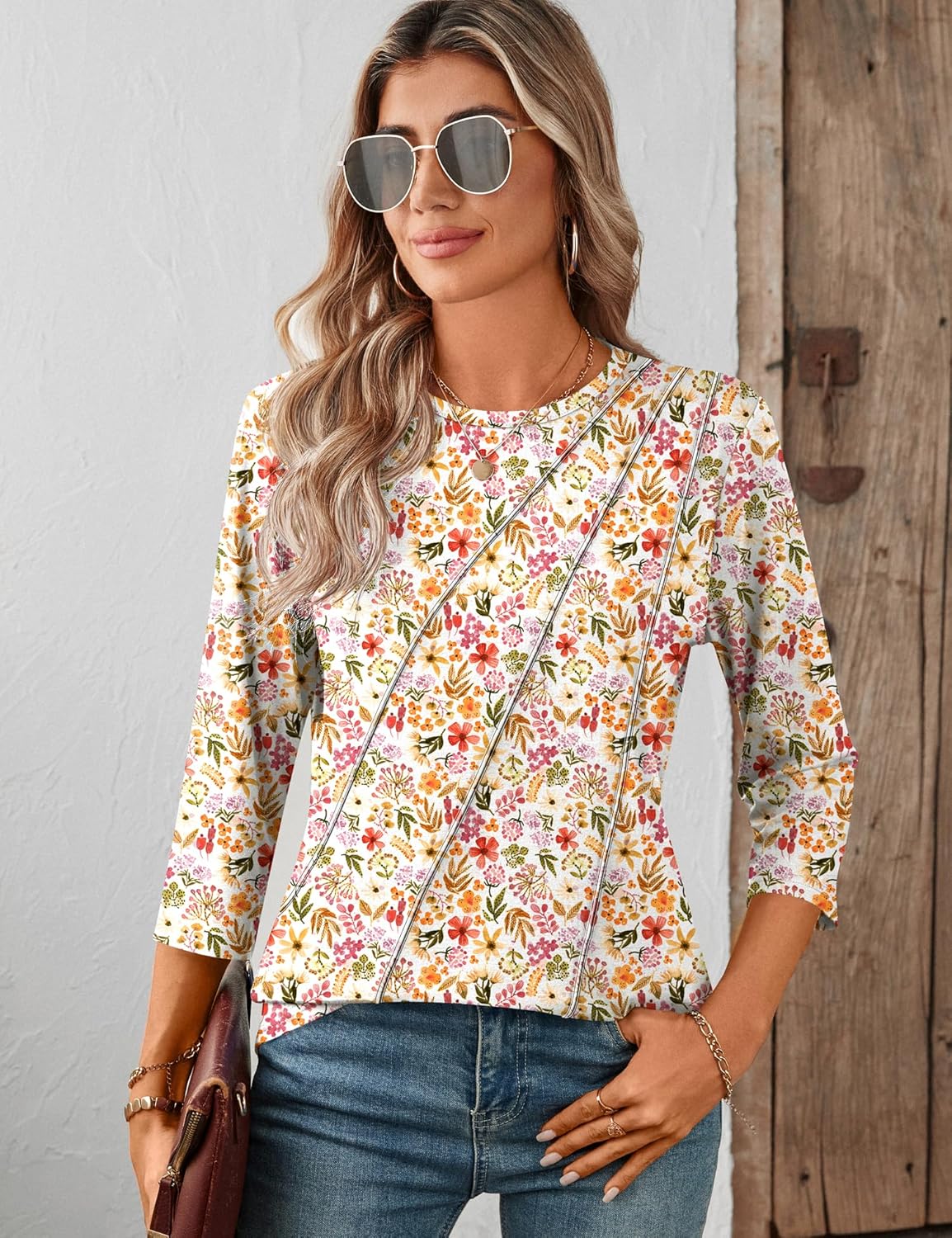 LOMON 3/4 Length Sleeve Womens Tops Spring Summer Fashion 2026 Tops Crew Neck Pleated Shirts Tunic Top Loose Fit - Image 4