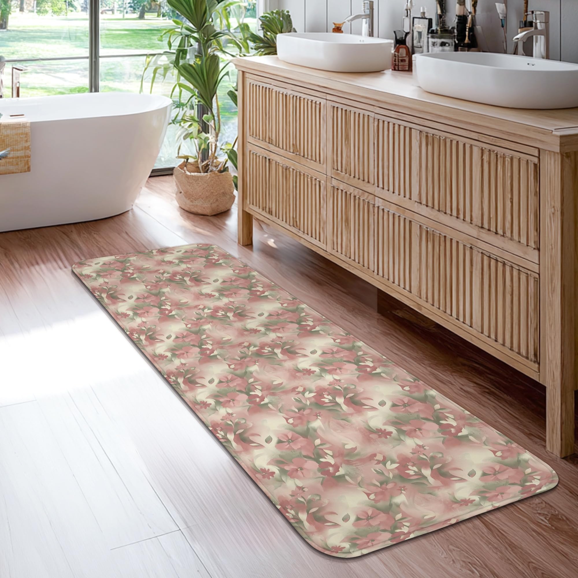 Tapis de couloir fleurs pêche 0.6x1.8m antidérapant rectangulaire pour entrée et cuisine