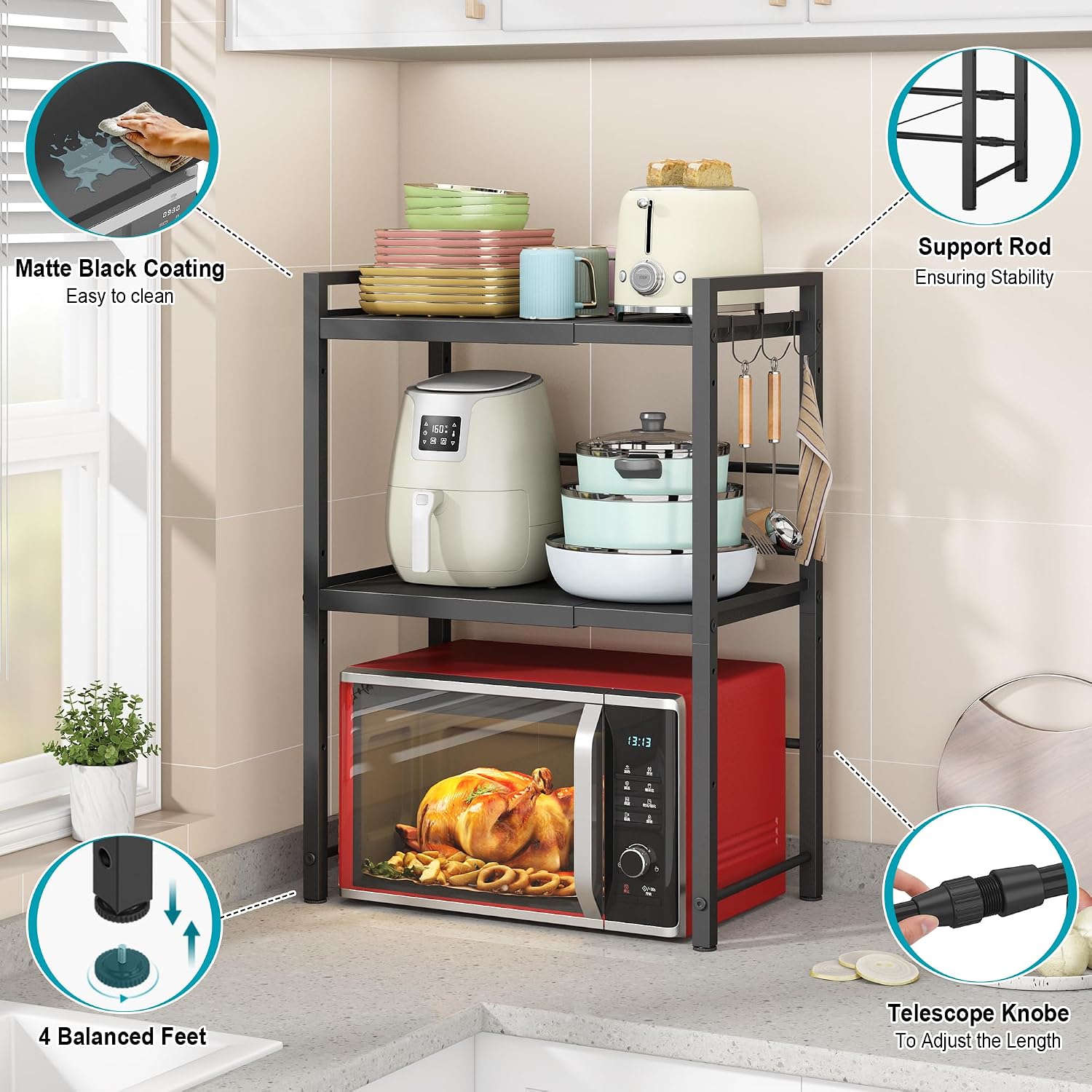 DOLALIKE Microwave Oven Rack, Expandable Microwave Stand Countertop Kitchen Utensils Tableware Storage, Carbon Steel Over Microwave Shelf Countertop with 3 Hooks image 4