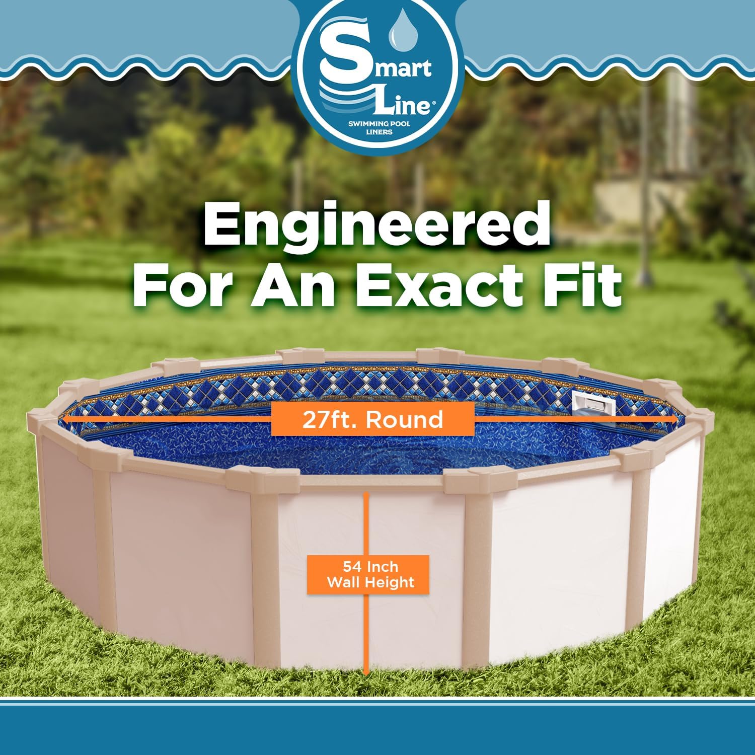 Smartline 27 ft Round Swimming Pool Liner | Island Tile | Unibead Style | 54 Inch Wall Height | 25 Gauge Heavy Duty Virgin Vinyl | Designed for Steel Sided Above Ground Pools