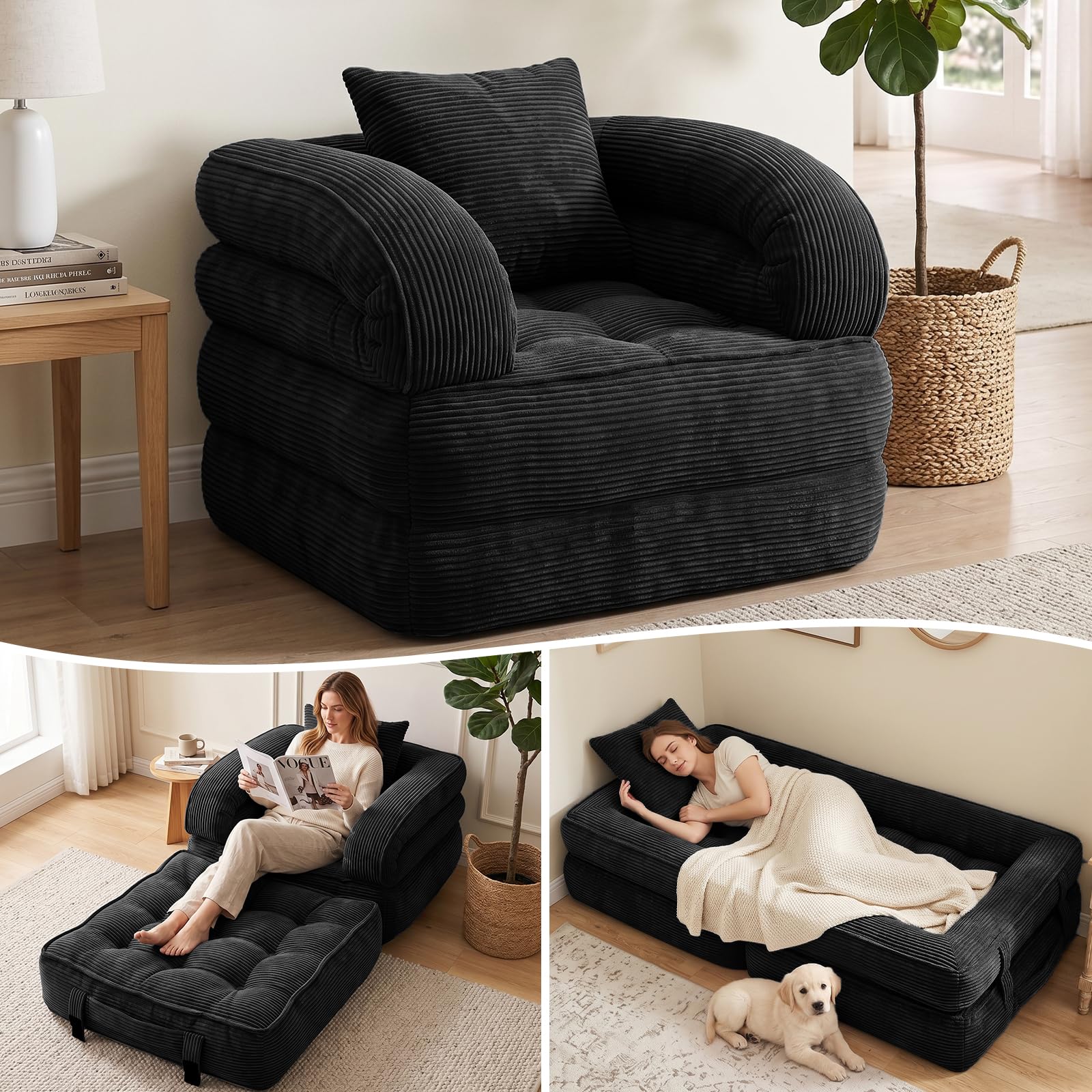 Folding Sofa Bed, Convertible Sleeper Chair, Corduroy Boneless Couch