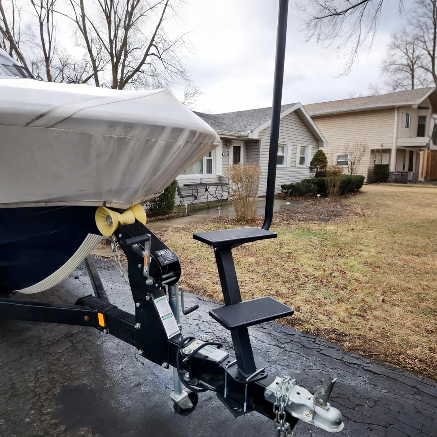 Boat Trailer Step, Heavy Duty Steel 2 Steps Ladder for Boat Trailer Tongue with Left or Right Adjustable Handrail, 450lbs Capacity, Black