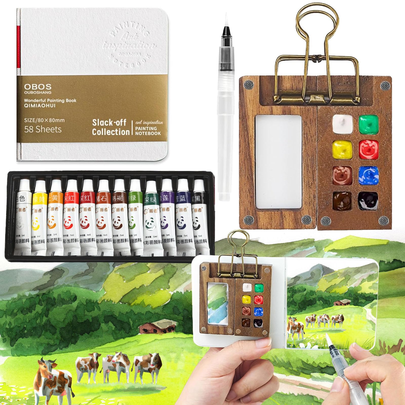 YouthLoxus 5Pcs Pocket Travel Watercolour Set, 8 Grids Wood Pocket Watercolour Set, Foldable Tobios Watercolour Kit for Painters、Artists and Student (Sketchbook, Palette, Metal Clip, Pen, Paints)