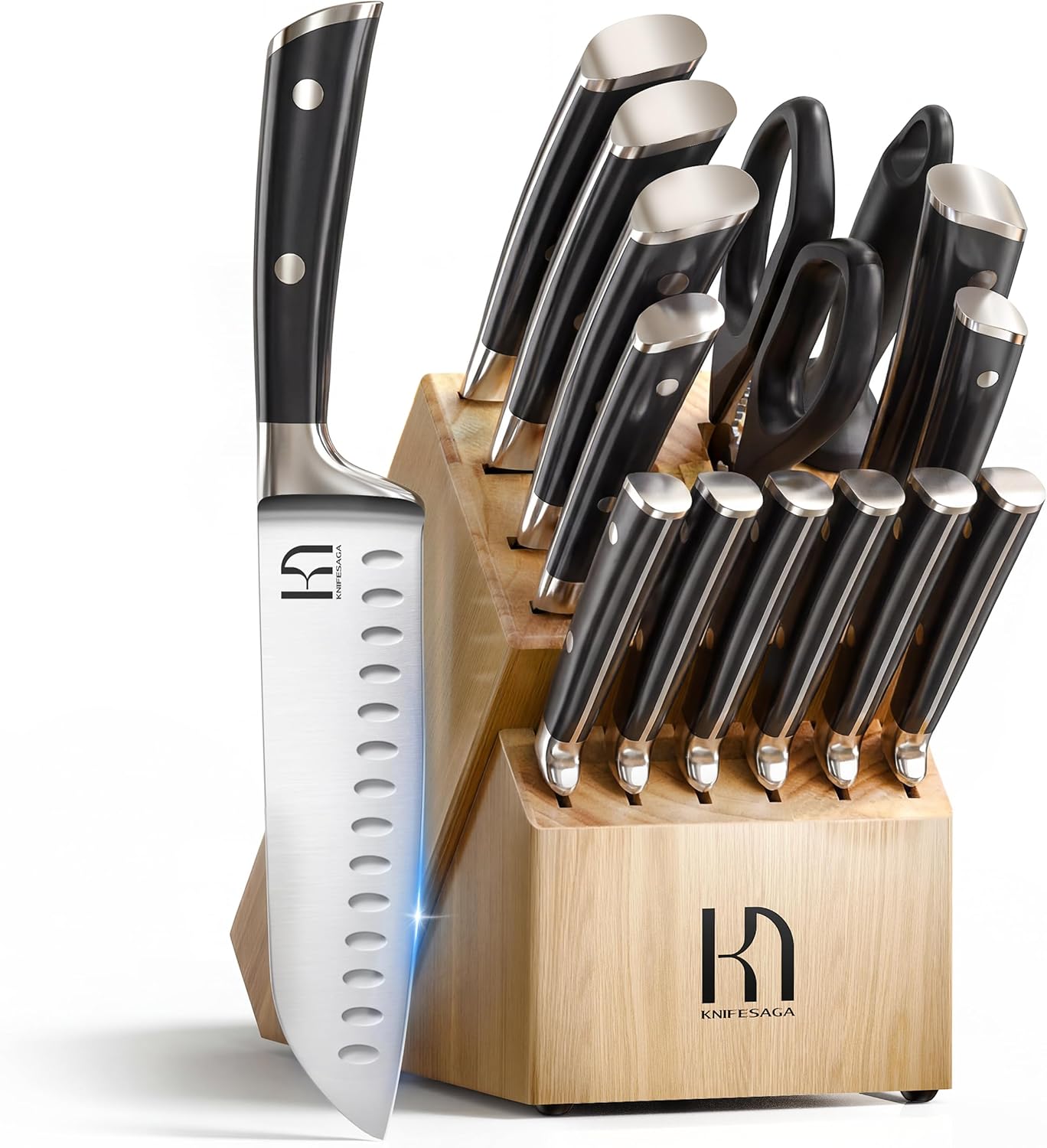 Knife Set with Block, Japanese 15 PCS Ultra Sharp Ktichen Knives Set, High Carbon Stainless Steel Knife Block Set with Sharpener, Professional Knives with Ergonomic Handle for Home Chefs